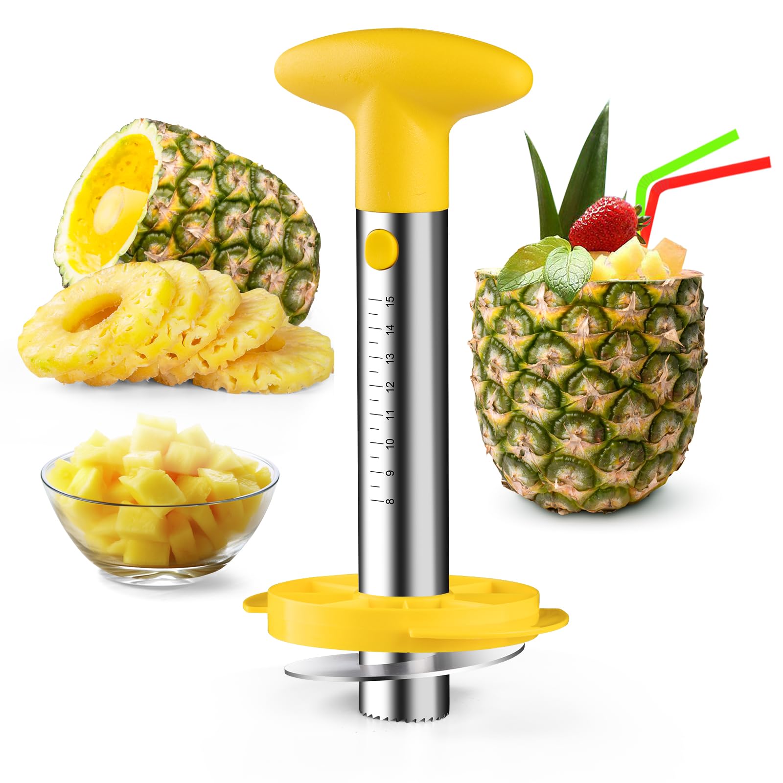 Stainless Steel Pineapple Corer & Slicer Tool - Easy Pineapple Peeler with Core Remover and Eye Removal | Pelador De Pina with Measurement Marks (Yellow) | Perfect for Fruit Salads, Smoothies, and Tropical Party Decorations