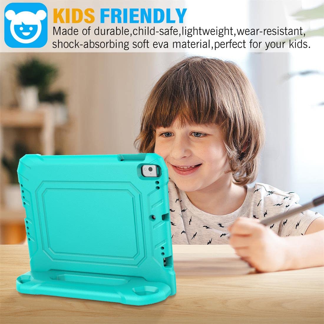 SUPLIK Shockproof Kids iPad Case for iPad 5/6 Gen (9.7 inch 2017/2018), iPad Air 1/2 & Pro 9.7 - Durable Protective Cover with Handle Stand & Screen Protector - Cyan Blue - Perfect for School, Travel & Home Learning