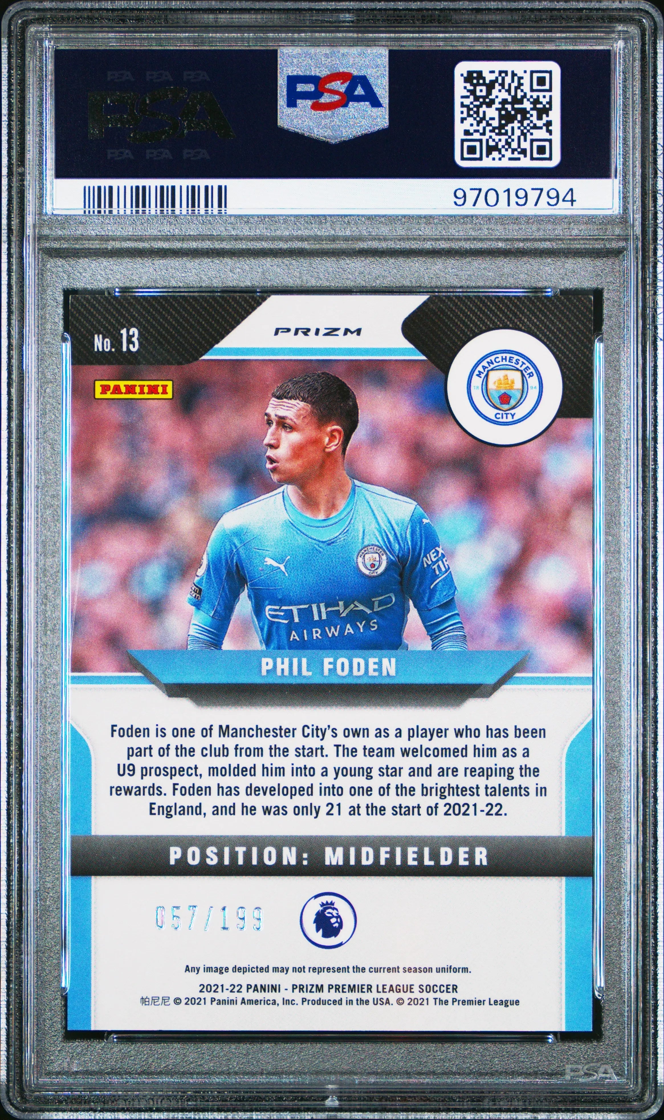 2021 Panini Prizm Premier League Phil Foden Blue Breakaway PSA 9 057/199 - Rare Soccer Trading Card for Collectors & Investors - Perfect for Display, Gifts & Fantasy Sports