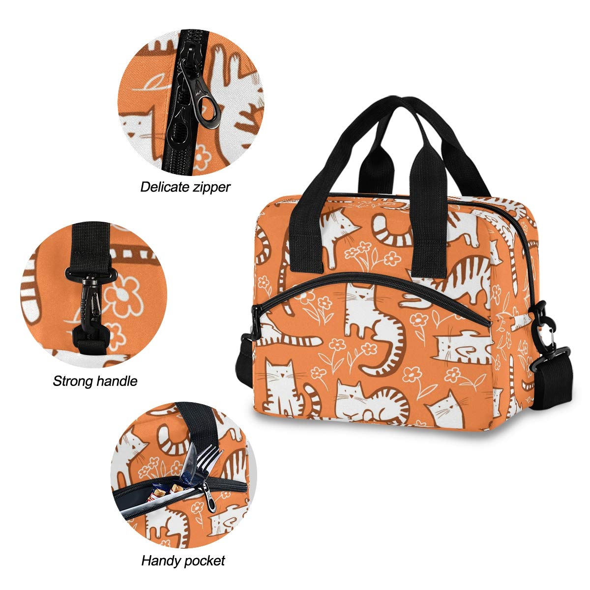 Cute Cats Print Insulated Lunch Box Cooler Bag - Portable Thermal Lunch Tote with Detachable Shoulder Strap for Women & Men - Perfect for Work, Beach, Picnic, Camping & Outdoor Activities