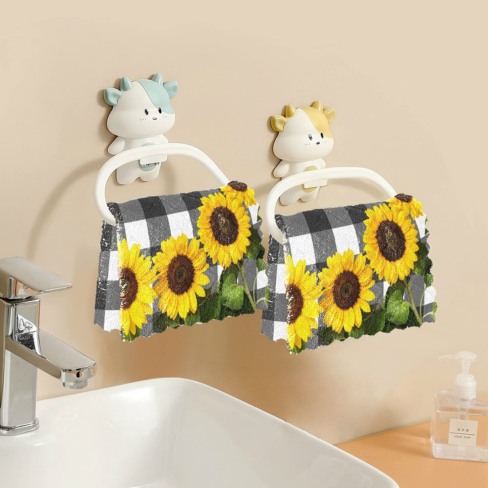 Buffalo Check Dishcloths 6-Pack - Black White Sunflower - Reusable Kitchen Towels for Dishes & Cleaning