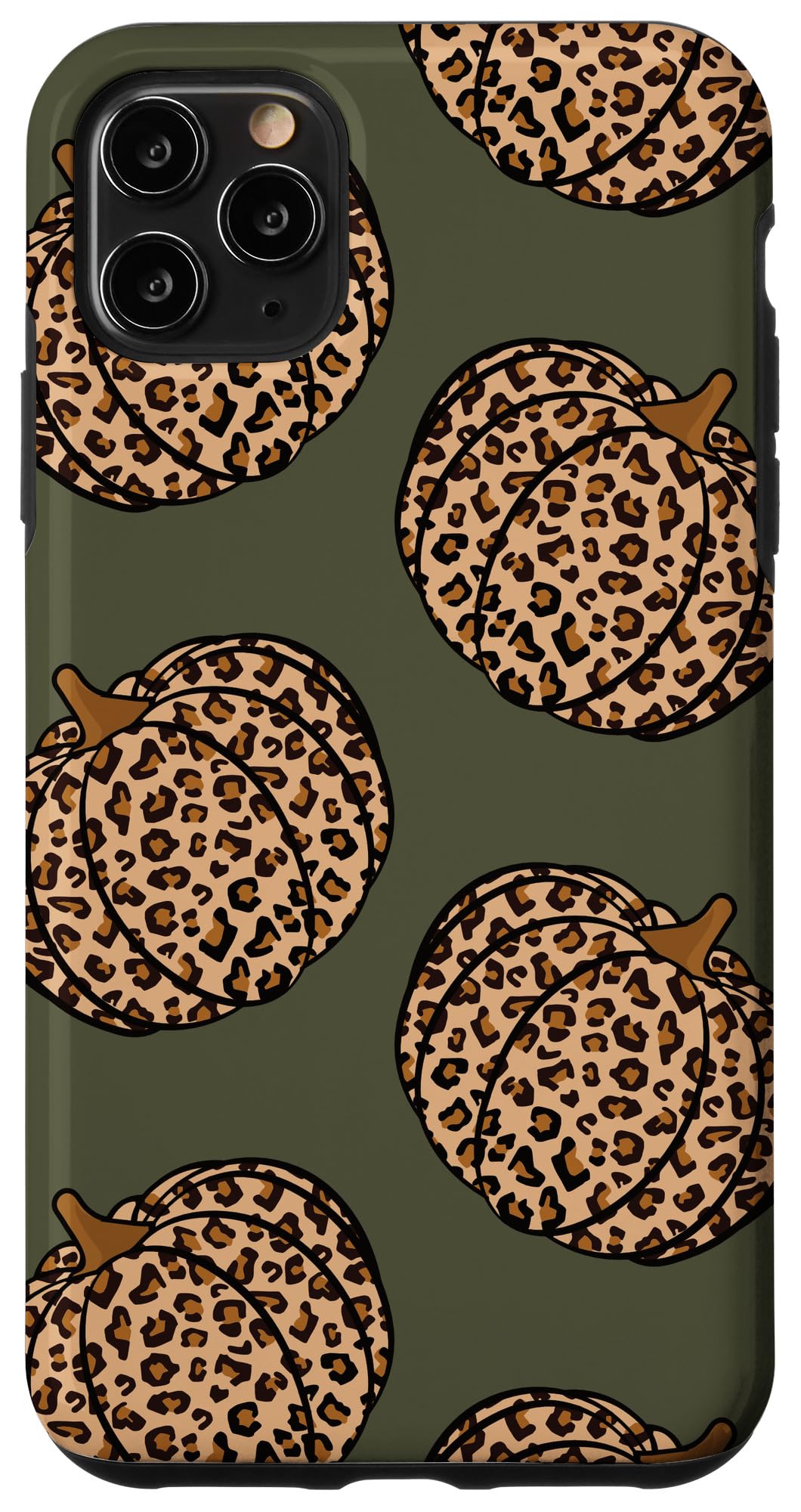 iPhone 11 Pro Max Case - Leopard Pumpkin Print Fall Aesthetic Cover | Olive Green Protective Phone Case for Autumn Style | Perfect for Halloween, Thanksgiving, and Seasonal Outfits
