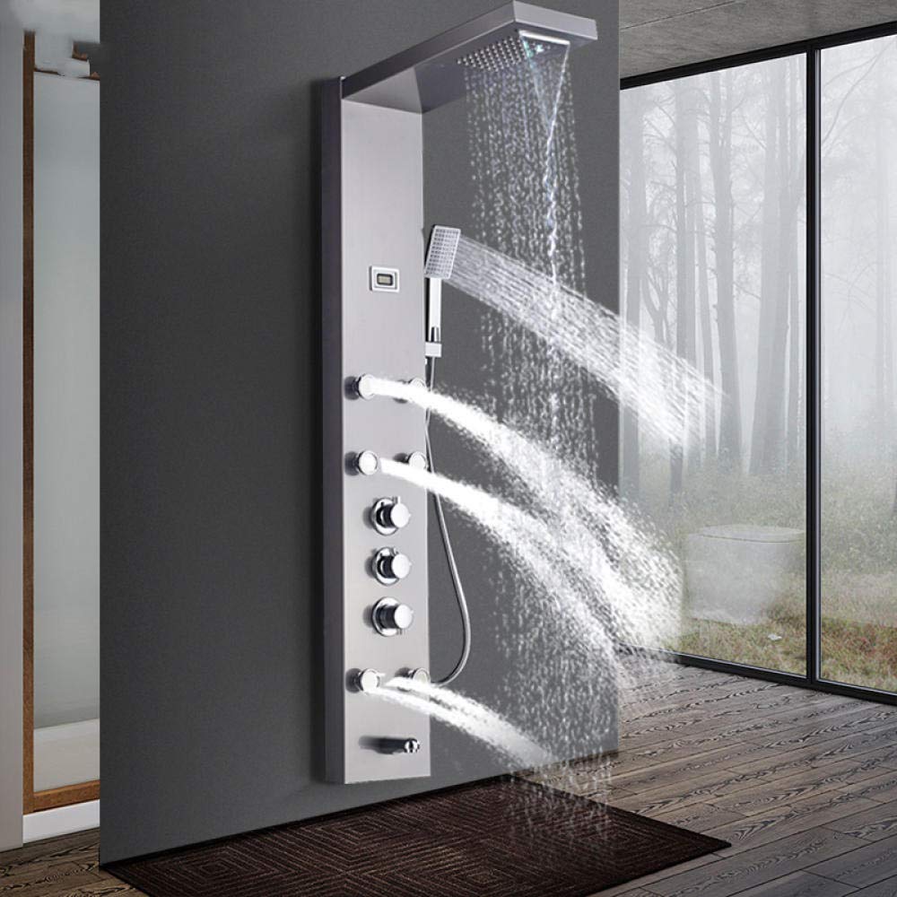 Black Thermostatic Rain Shower Column with 6 Massage Jets, Hand Shower & Tub Spout - Waterfall Shower Panel System for Luxurious Bathroom Upgrade | Perfect for Master Bath, Spa Retreat & Modern Home Renovation