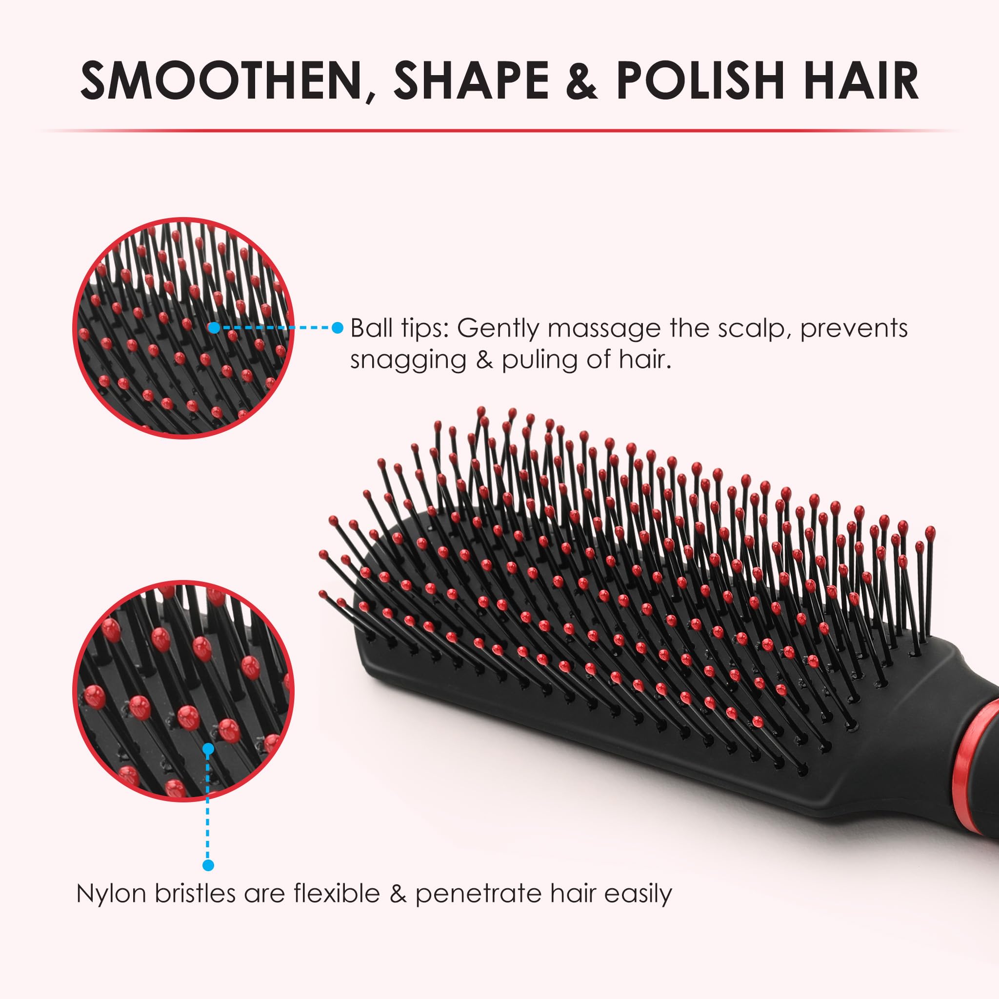 Agaro Royal Flat Hair Brush with Strong Flexible Nylon Bristles & Anti-Static Tips - Volumizing & Detangling Brush for Men & Women (Black/Red) - Perfect for Styling, Smoothing & Back Brushing at Home or Salon