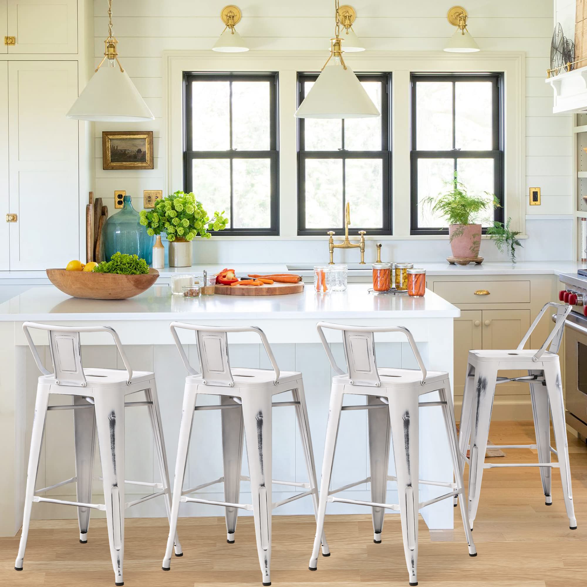 Changjie Furniture Set of 4 Industrial Metal Bar Stools with Backs - 26 Inch Distressed White Counter Height Stools for Bistro, Cafe & Home Kitchen Use