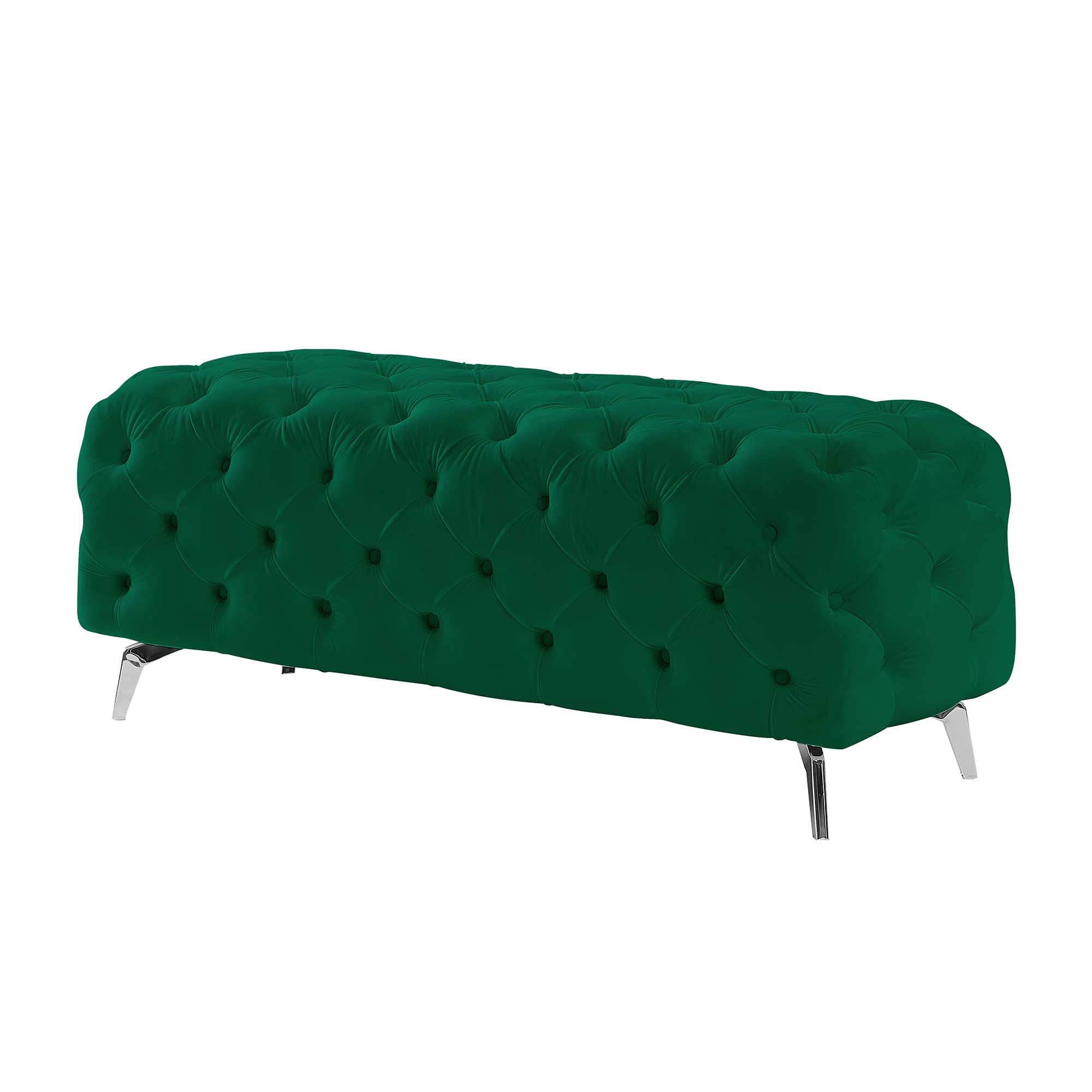 Luxury Velvet Tufted Rectangular Ottoman Bench - Upholstered Footrest Stool with Solid Wood Frame & Metal Legs for Living Room, Bedroom, Entryway - Green Velvet Accent Furniture for Home Decor & Relaxation