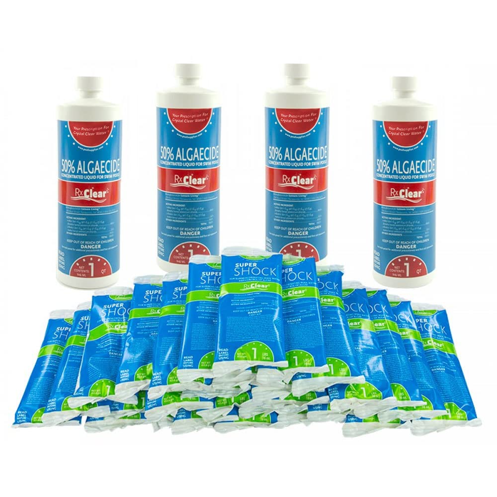 Rx Clear Algae Prevention & Pool Maintenance Kit – 3-Month Supply | Includes 4x 18oz 50% Algaecide & 42x 1lb 68% Calcium Hypochlorite Shock | Treats Pools Up to 35,000 Gallons | Perfect for Weekly Pool Cleaning & Seasonal Maintenance