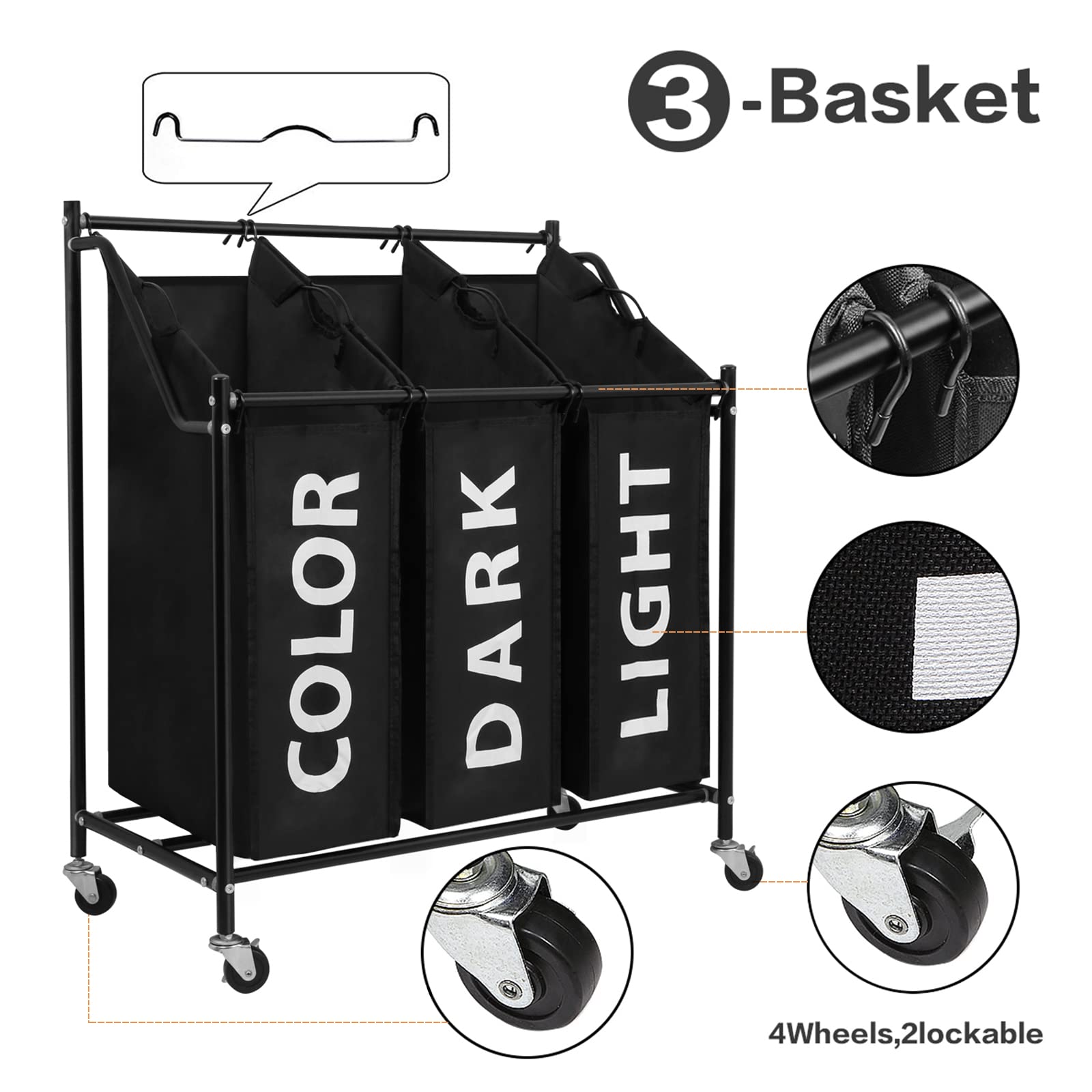 3-Section Laundry Hamper with Wheels & Removable Fabric Bags - 45L x 3, Metal Frame, Black - Perfect for Bedroom, Laundry Room & Dorm Organization