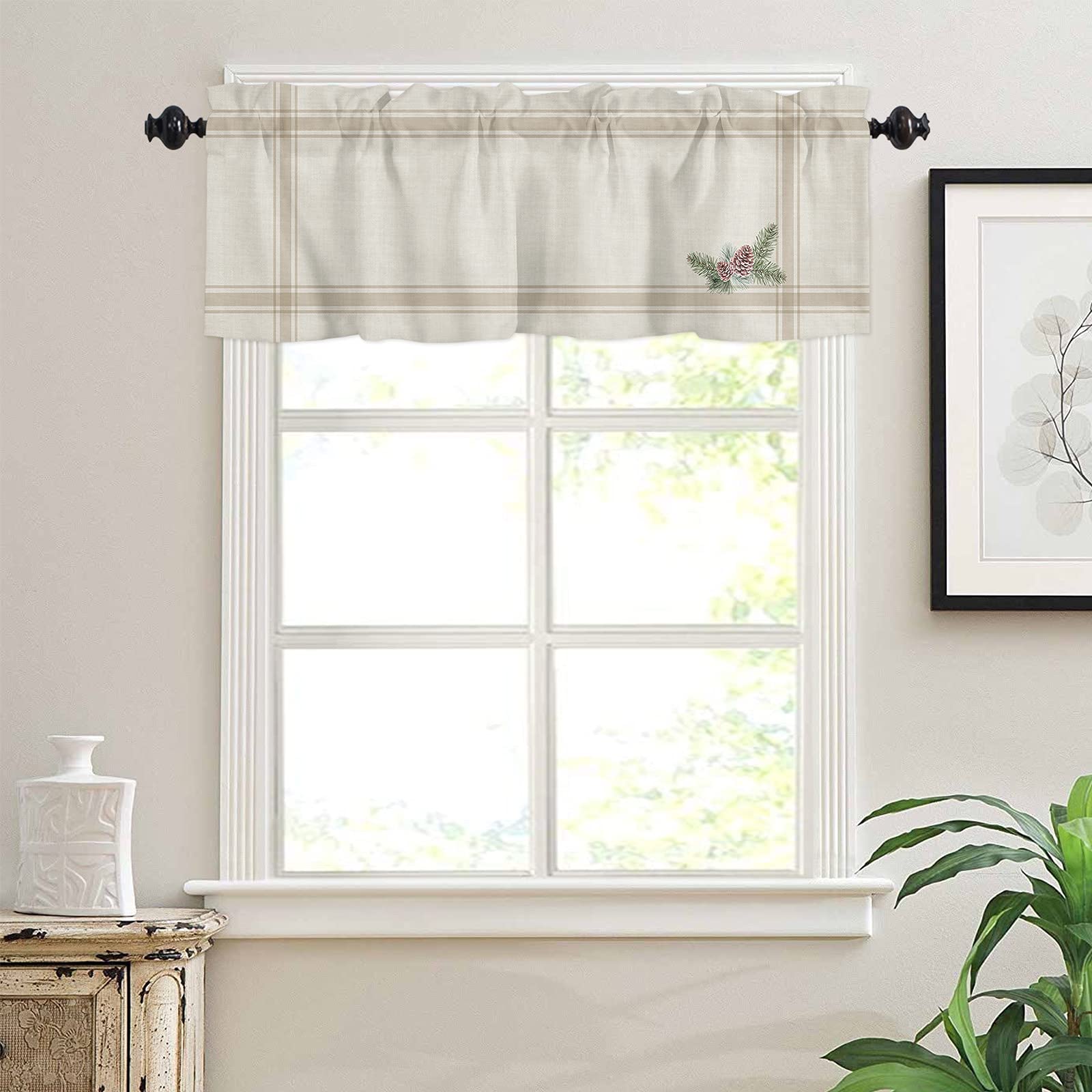 Farmhouse Christmas Curtain Valance - Pine Cone Khaki Winter Holiday Window Treatment, 54x18 Inch Rod Pocket Cafe Curtains for Kitchen & Living Room - Perfect for Seasonal Home Decor & Cozy Holiday Atmosphere