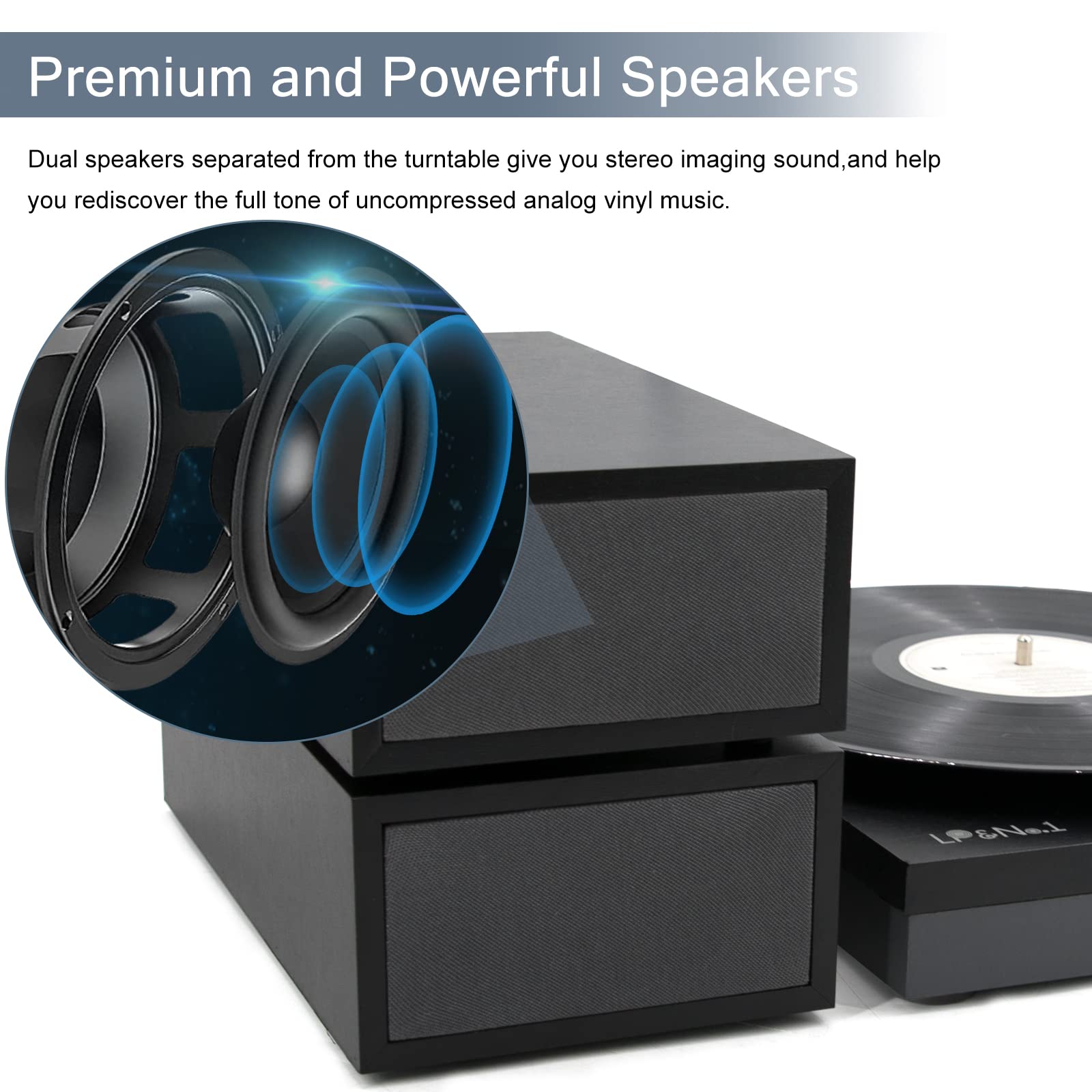 3-Speed Belt-Drive Vinyl Record Player with Stereo Bookshelf Speakers - Wireless Bluetooth Playback, Auto Stop & RCA Output | Black Leather Turntable for Home, Office & Music Lovers