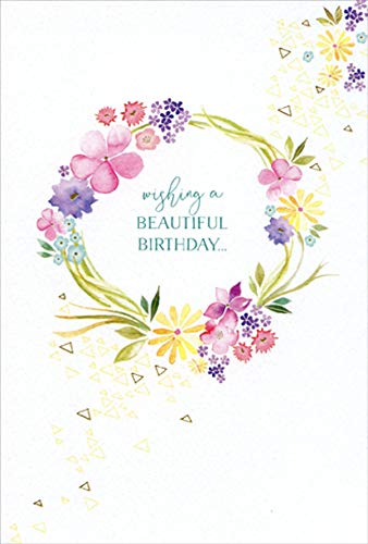Floral Watercolor Wreath Birthday Card | Happy Buddha Design by Michele Doherty Frusciano | Perfect for Buddhist Celebrations, Meditation Gifts & Spiritual Occasions