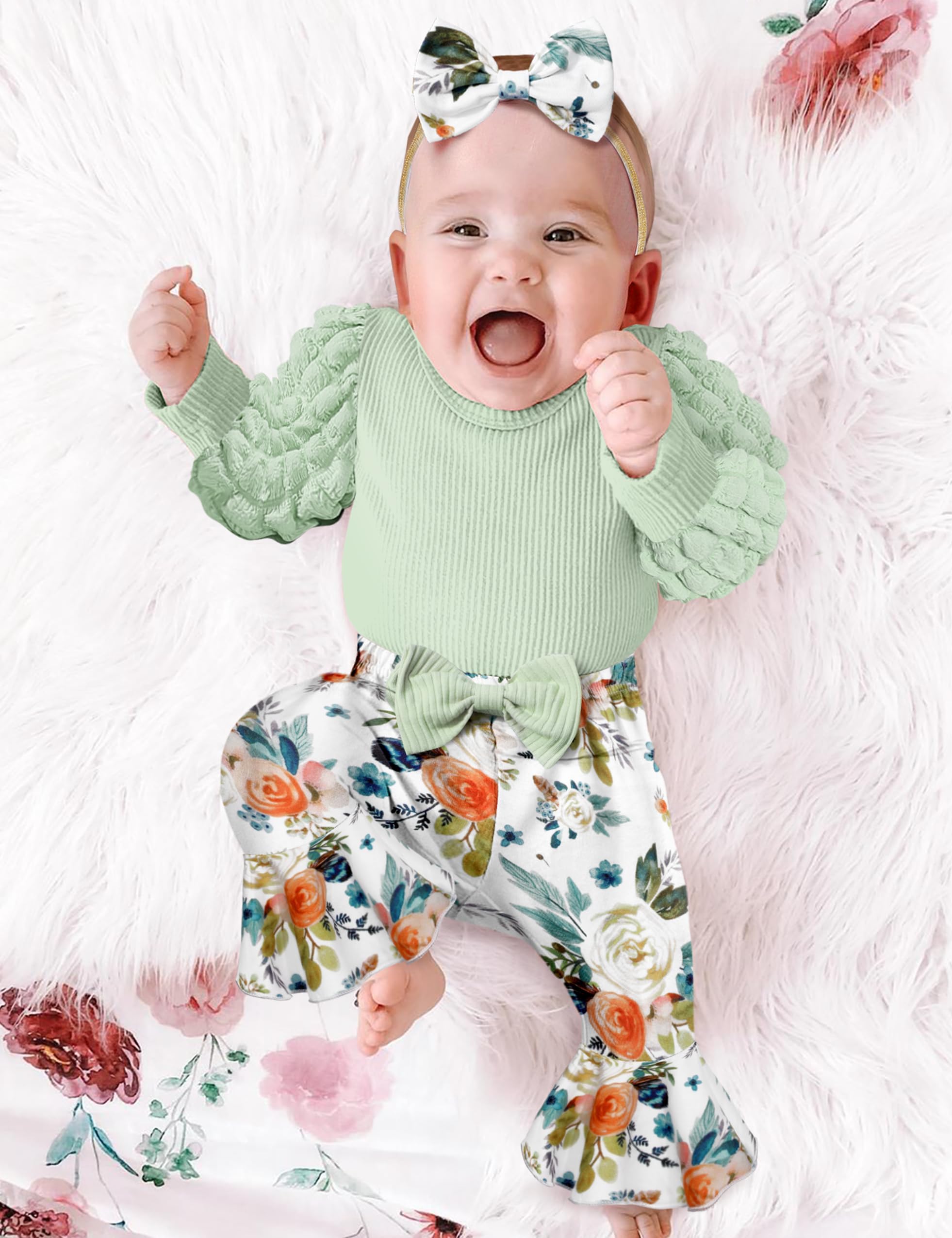 NAPU 3-Piece Baby Girl Outfits - Long Sleeve Romper & Flare Pants Set with Headband | Winter Clothes for Girls | Perfect for Fall Photoshoots, Holiday Gifts & Daily Wear