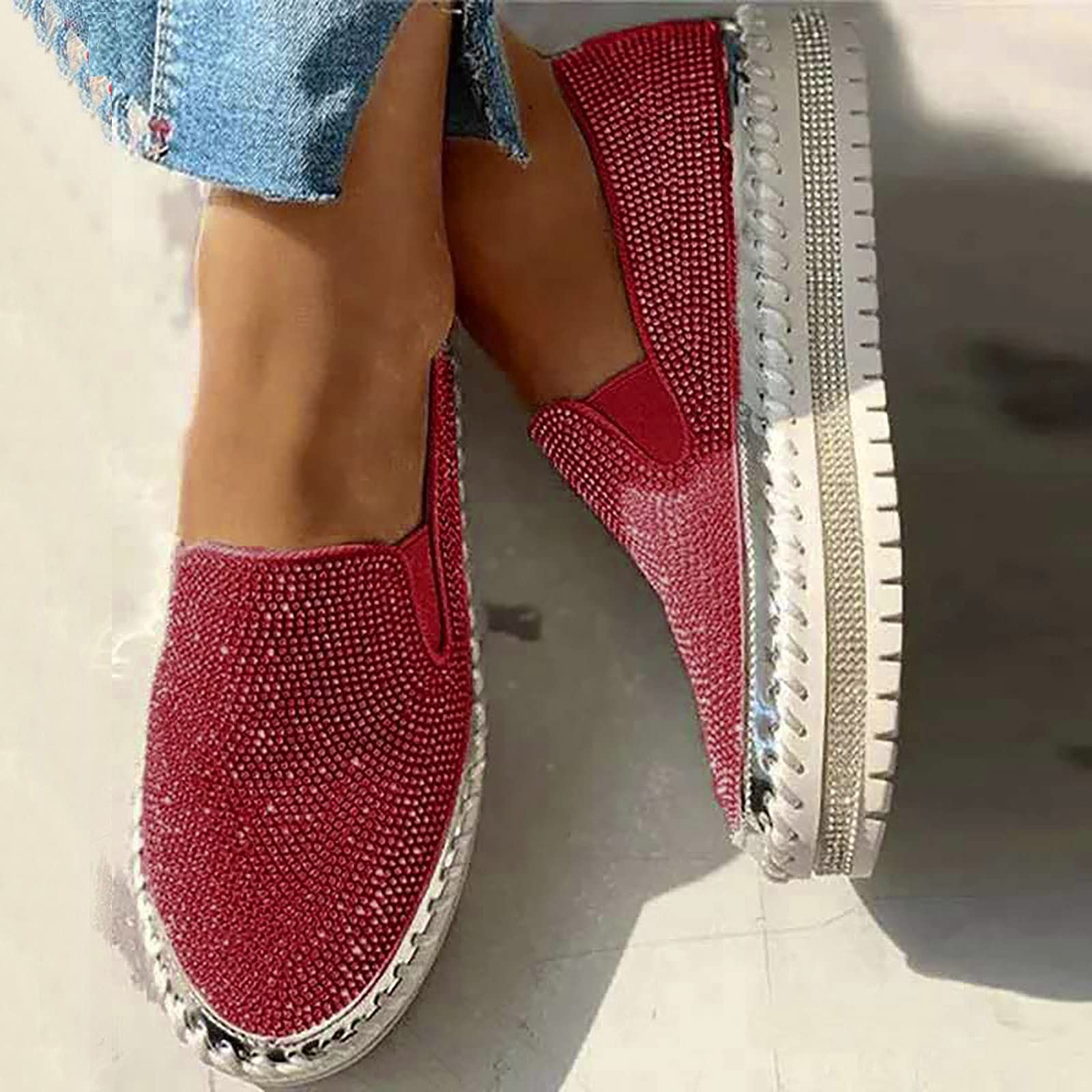 Women's Platform Slip-On Sneakers - Round Toe Low Cut Thick Sole Rhinestone Casual Shoes for Walking, Skating & Everyday Wear | Comfortable & Stylish Flats for Women