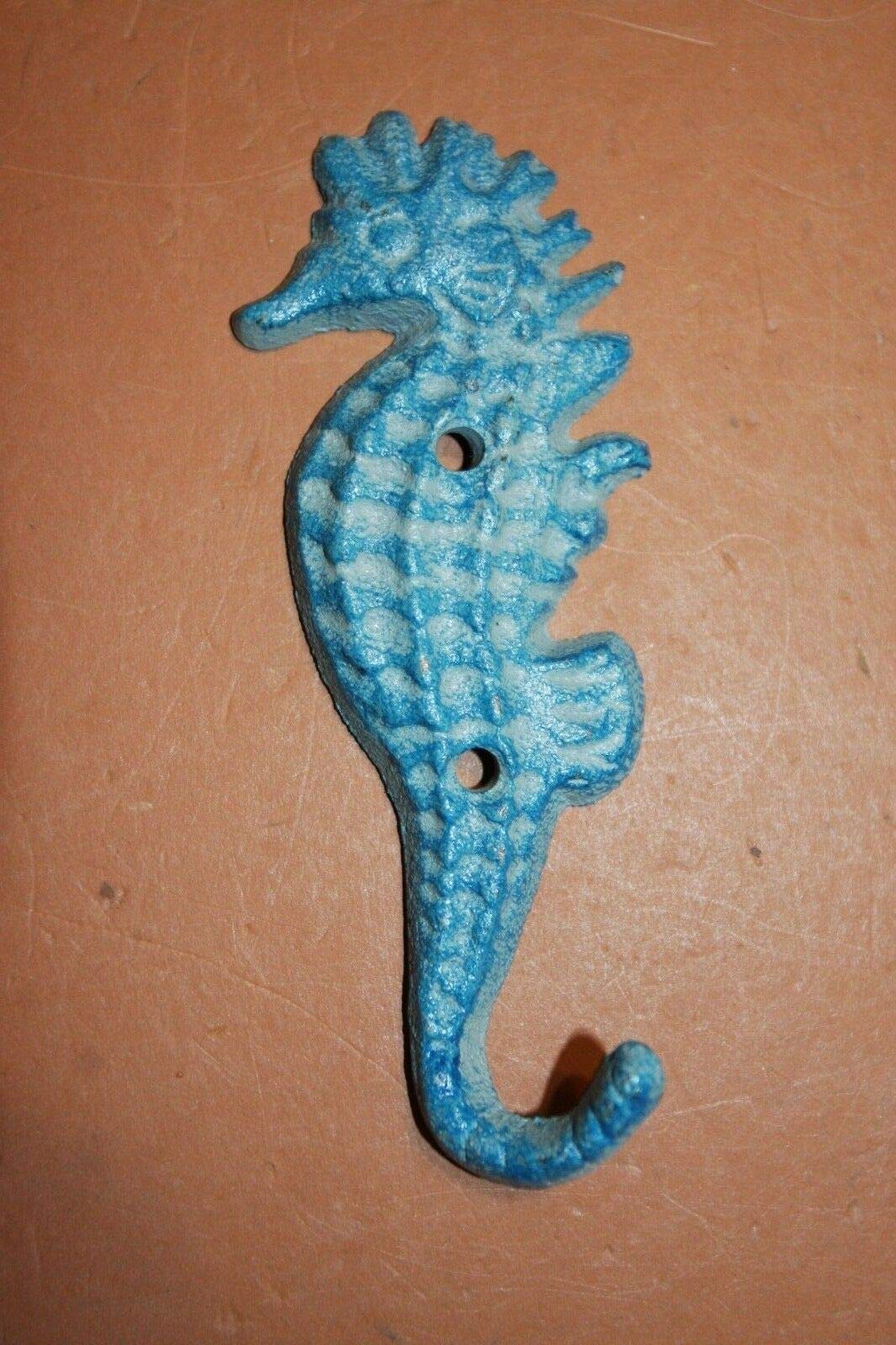 Coastal Blue Seahorse Coat Hooks - Set of 6 Cast Iron Wall Hooks for Beach House Decor, Bathroom, Entryway & Kids Room Organization