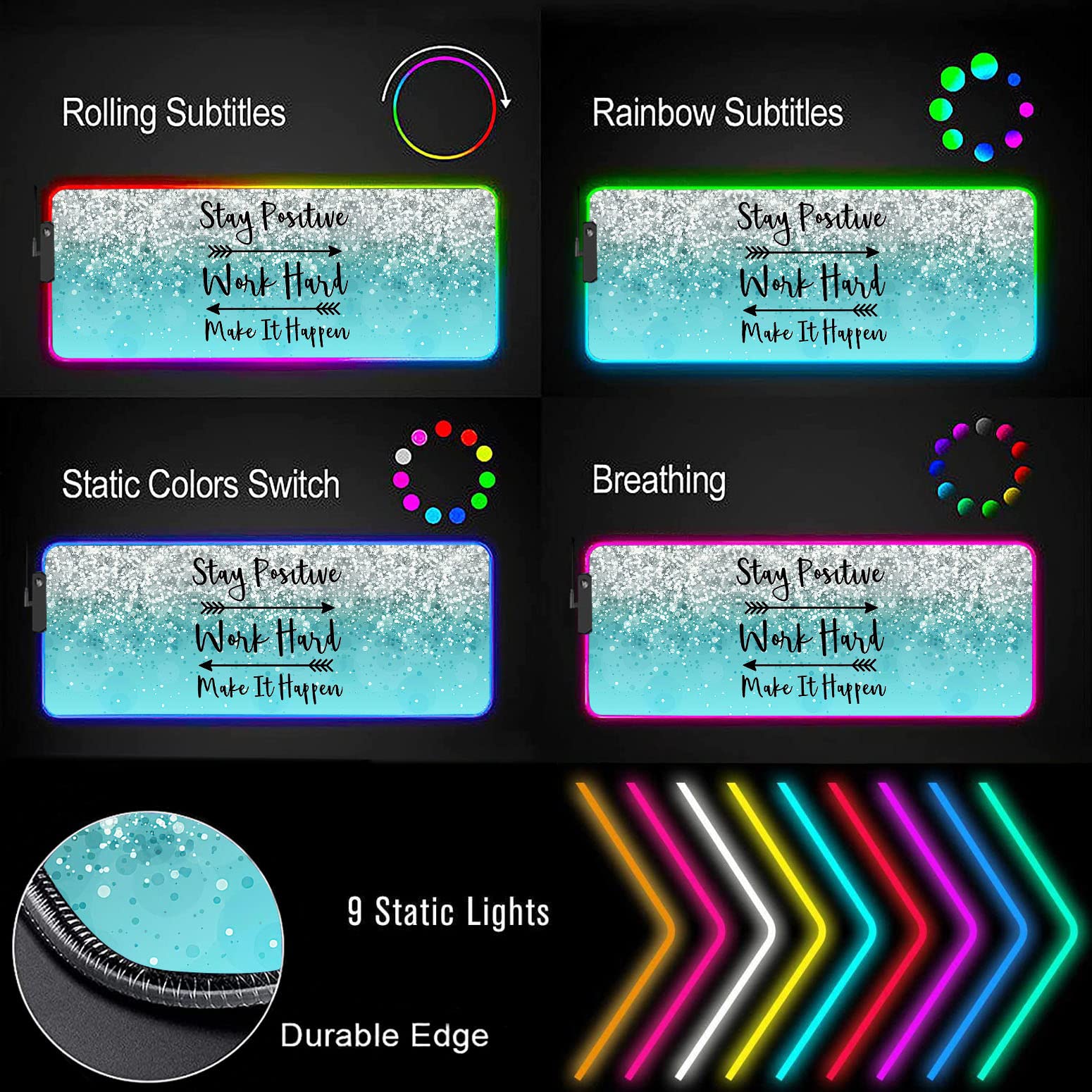 RGB LED Gaming Mouse Pad - Large Non-Slip Desk Mat with Optical Waterproof Surface for PC, Computer, Keyboard & Office Setup | Perfect for Gamers, Programmers & Esports Enthusiasts | Motivational Blue Light-up Design with 