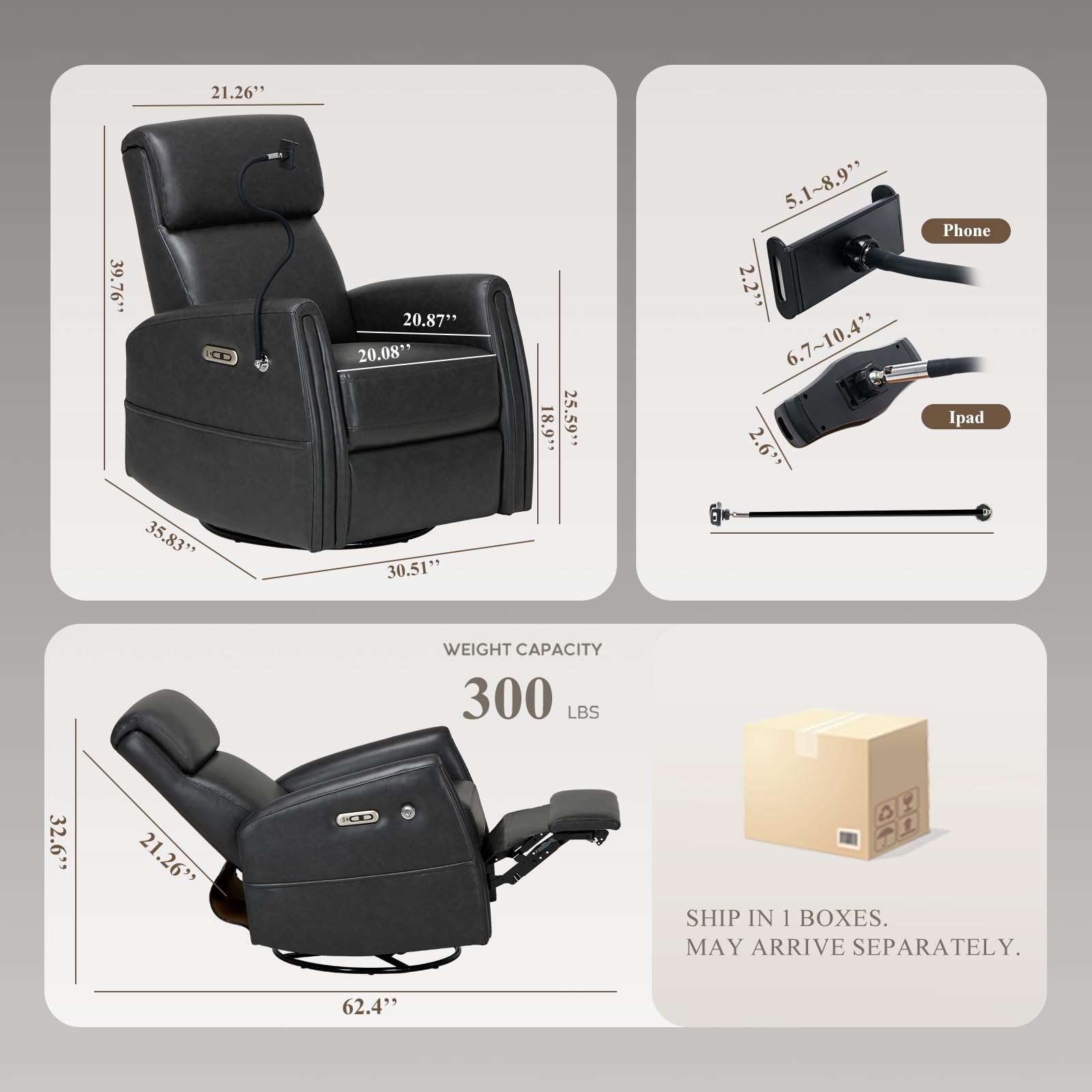 COLAMY Power Swivel Recliner Glider Rocking Chair with USB Charging Ports - Comfortable Nursery Chair for Baby Room, Living Room Accent Armchair & Bedroom Recliner - Charcoal Gray - Perfect for Nursing, Relaxing & Small Space Furniture