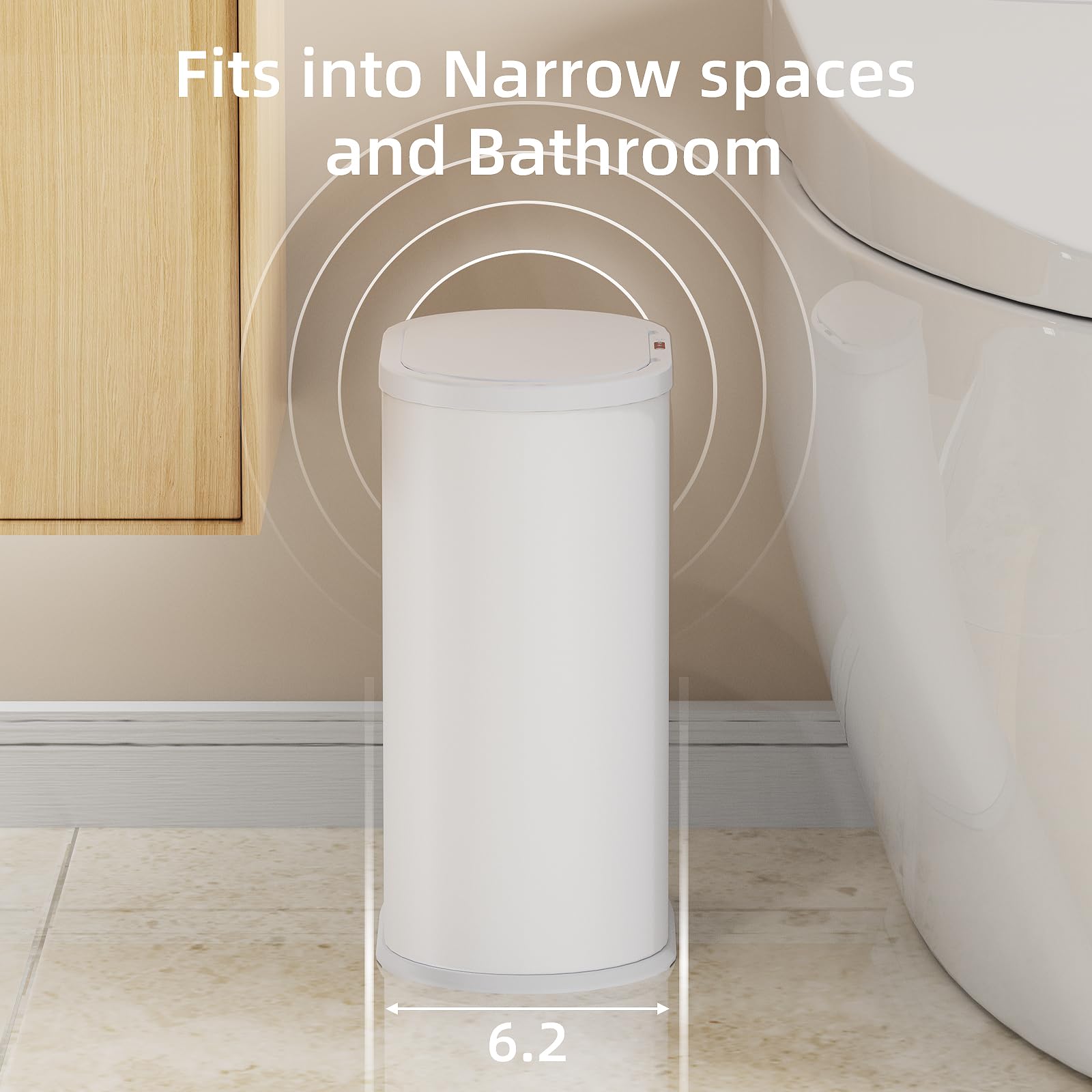 Stainless Steel Automatic Touchless Trash Can with Removable Inner Bucket - 1.6 Gallon Waterproof Smart Trash Bin with Lid for Bathroom, Bedroom, Office - White | Perfect for Hands-Free Waste Disposal in Home & Commercial Spaces