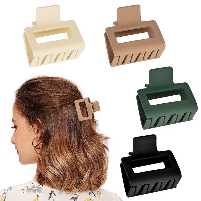 FAMEZA 4 Pack Non-Slip Matte Rectangle Hair Claw Clips for Women & Girls - Cute Square Jaw Hair Styling Accessories for Thin to Medium Thick Hair - Perfect for School, Work & Everyday Hairstyles