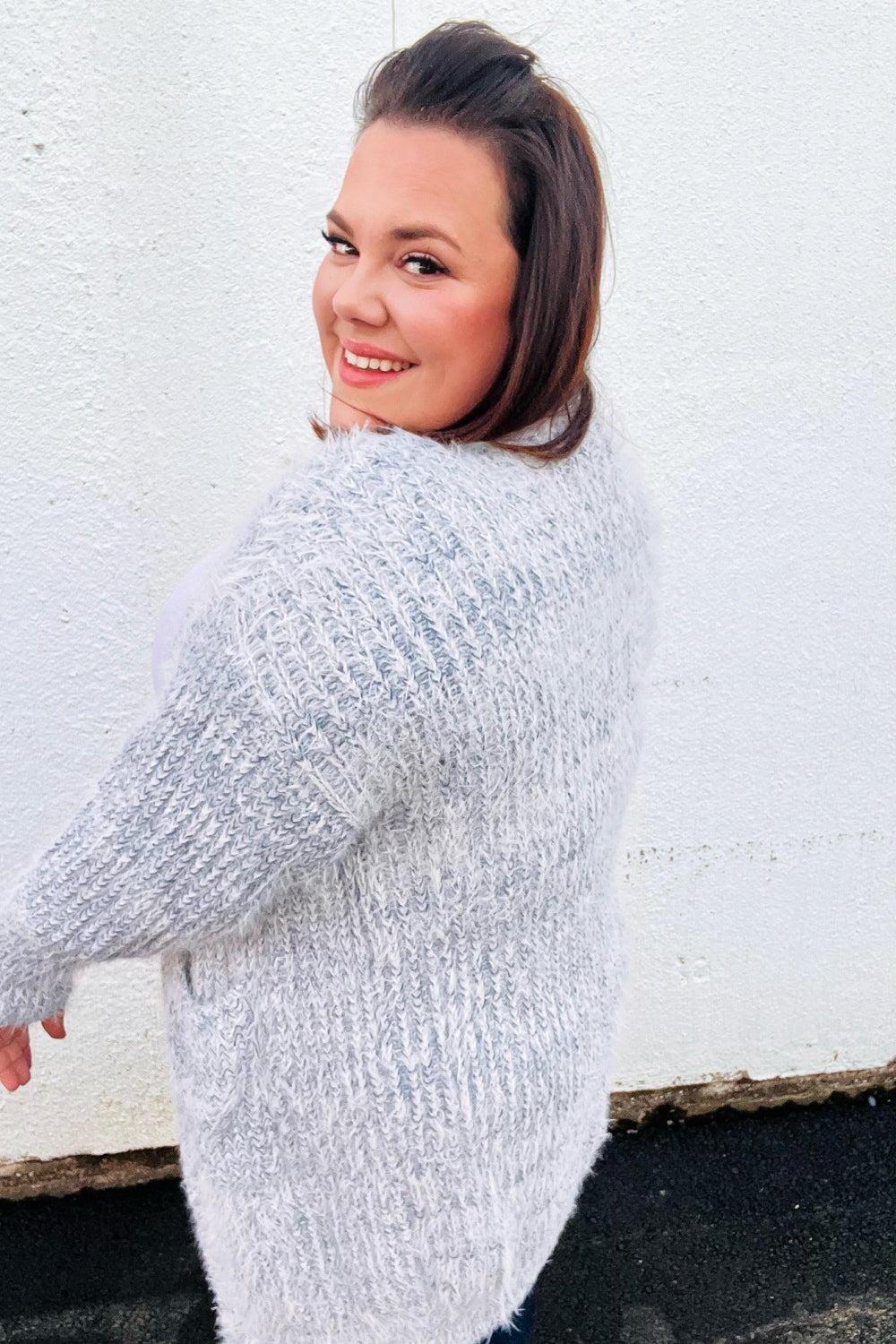 Leading Lady Slate Blue Two-Tone Fuzzy Soft Brushed Cardigan Sweater - Cozy Winter Wear for Women, Perfect for Office, Lounge & Casual Outings
