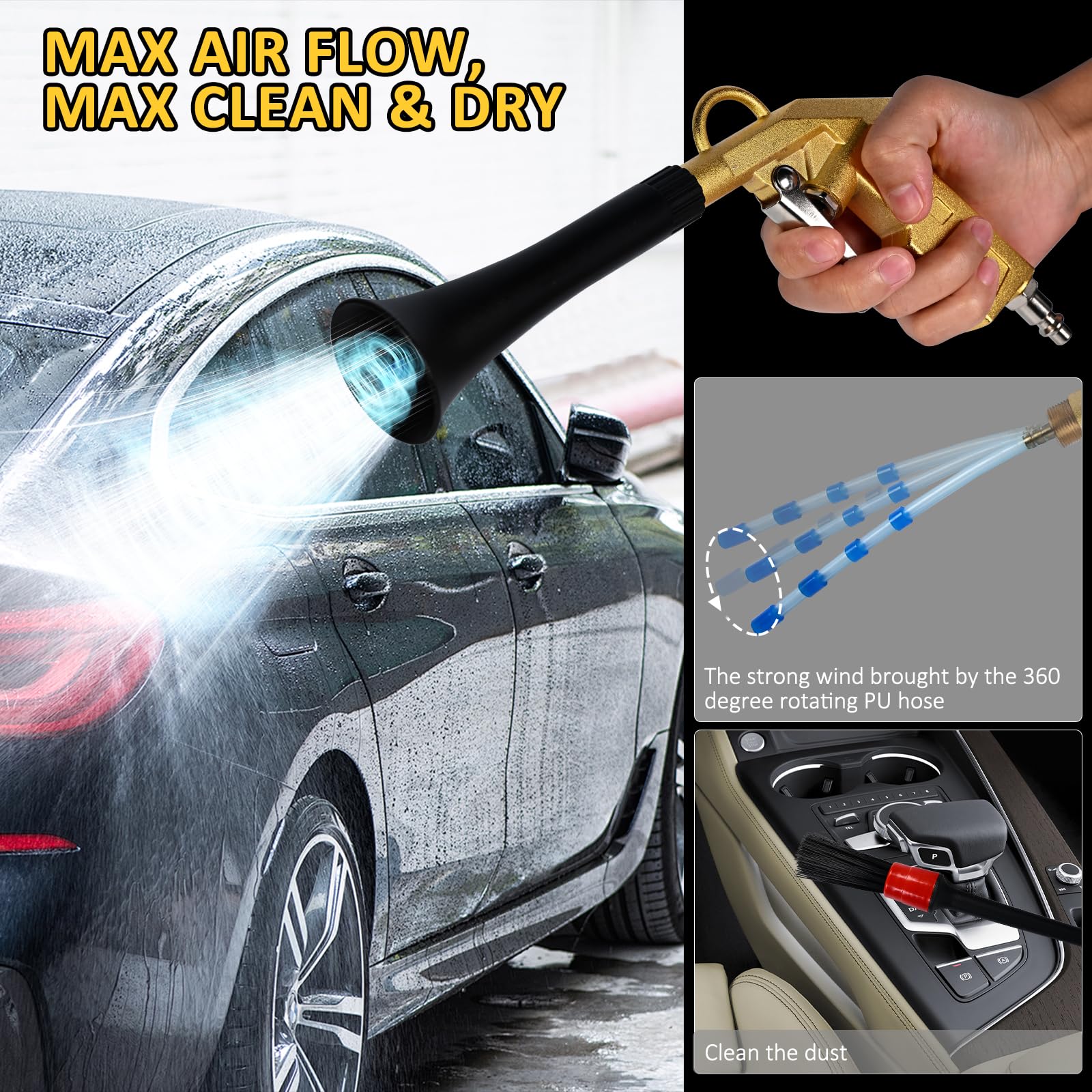 Premium Car Cleaning Gun - High Pressure Air Duster Blower with Detailing Kit & Interior Cleaner | Pneumatic Auto Detailing Tool for Car Wash, Engine Bay, Interior Cleaning & Keyboard Dusting (Gold)