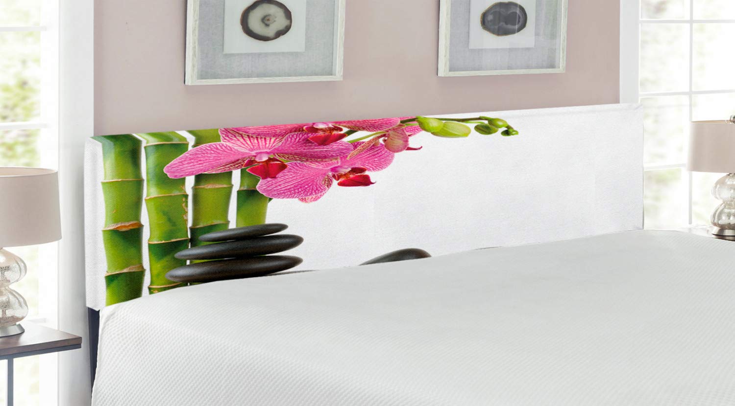Ambesonne King Size Upholstered Spa Headboard with Memory Foam - Orchid Bamboo & Black Hot Stone Massage Design - Decorative Metal Bed Frame Headboard in Pink, Green & Black - Perfect for Bedroom Relaxation & Massage Therapy Sessions