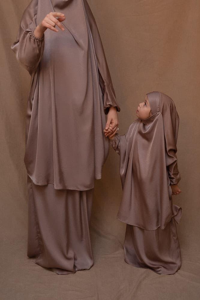Kids Coffee Satin Prayer Dress with Adjustable Khimar - Islamic Prayer Outfit for Girls - Perfect for Eid, Ramadan & Mosque