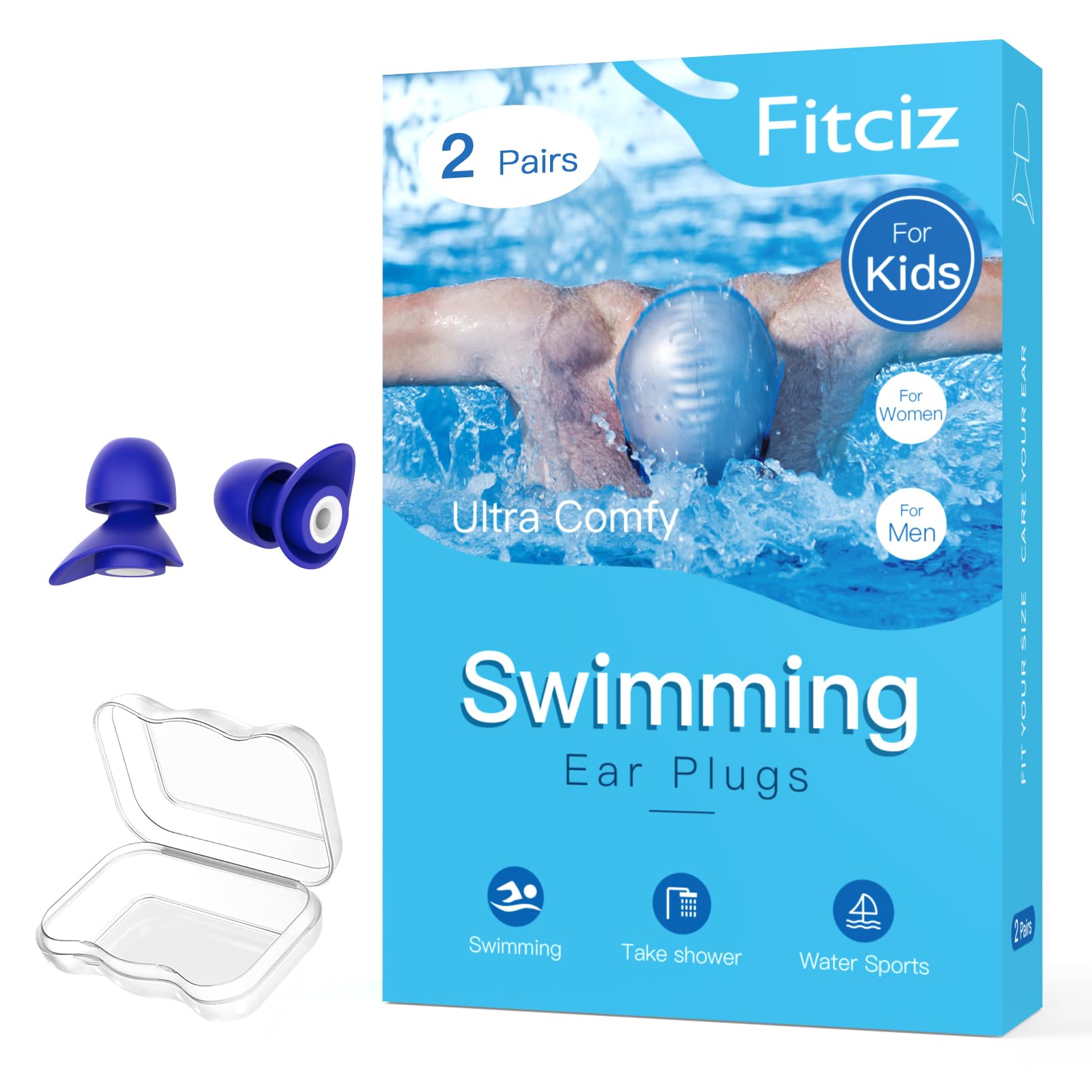 Waterproof Swim Ear Plugs for Kids Age 10-14 | 2 Pairs Comfortable Swimming Earplugs with Protective Case | Ideal for Pool, Beach & Competitive Swimming | Klein Blue Children's Edition