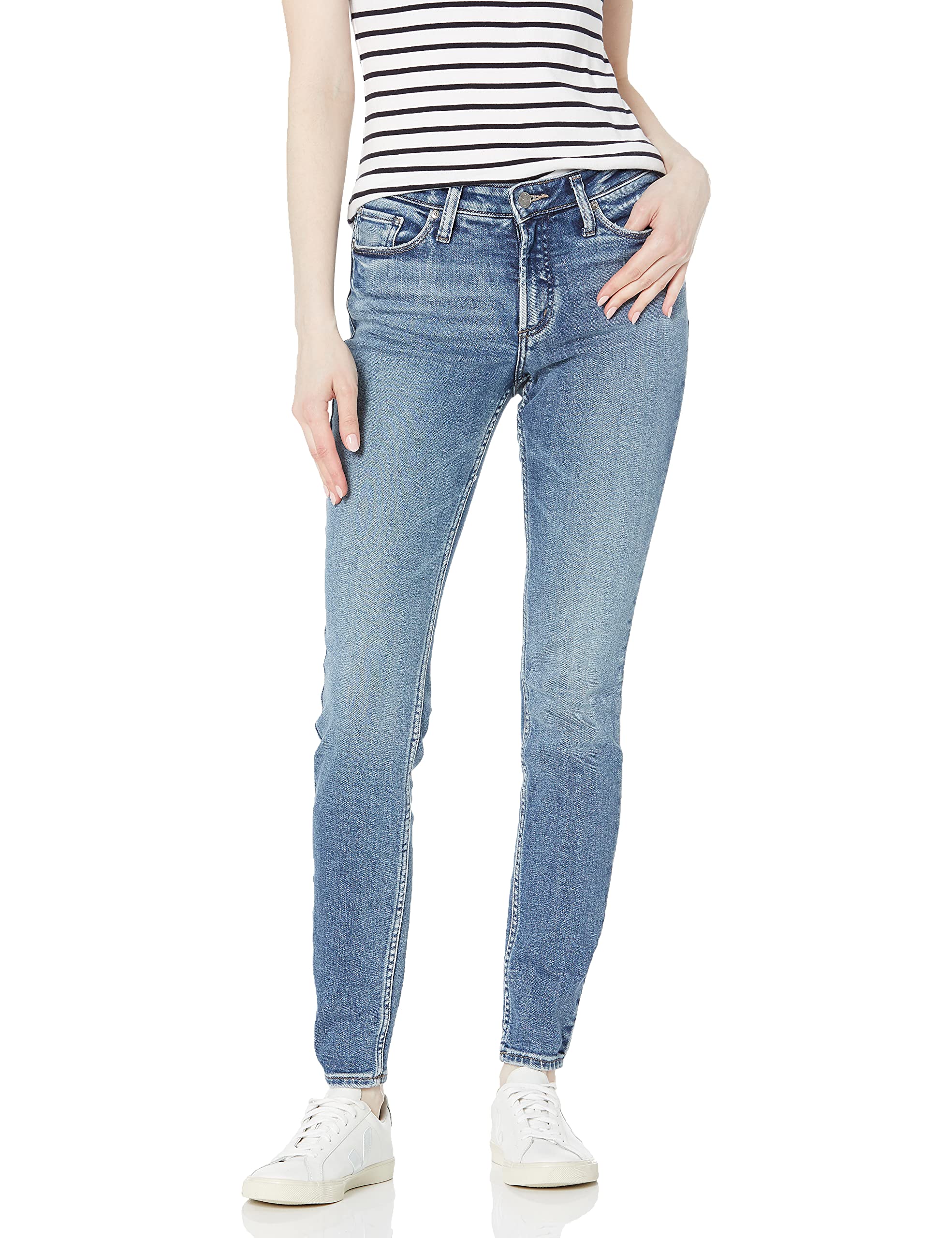 Silver Jeans Co. Women's Most Wanted Mid Rise Skinny Jeans - Stretch Denim Pants for Everyday Comfort | Perfect for Work, Casual Outings & Date Nights