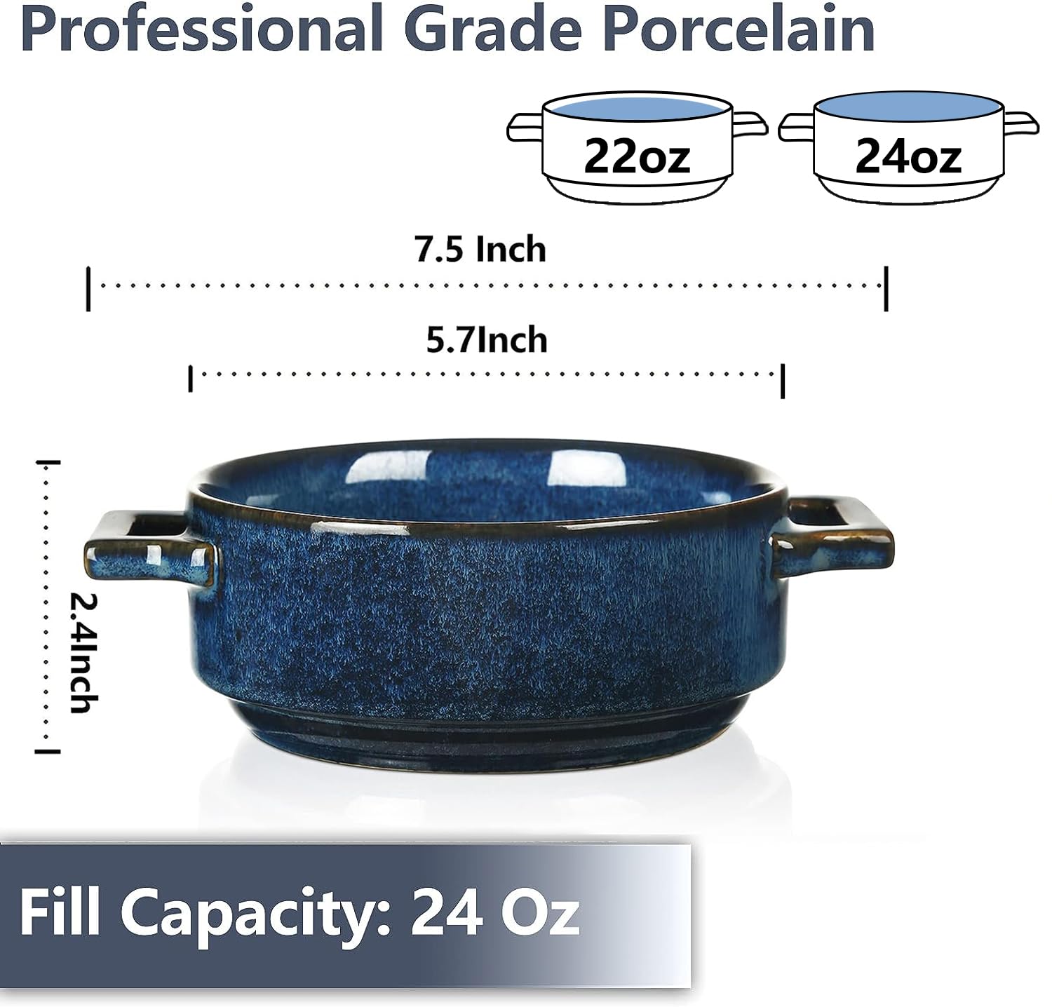 Vicrays 24oz Ceramic Soup Bowls with Handles - Set of 4 Microwave & Oven Safe Porcelain Crocks for French Onion Soup, Beef Stew, Pasta, Cereal | Perfect for Family Dinners, Restaurant Serving & Meal Prep (Blue)