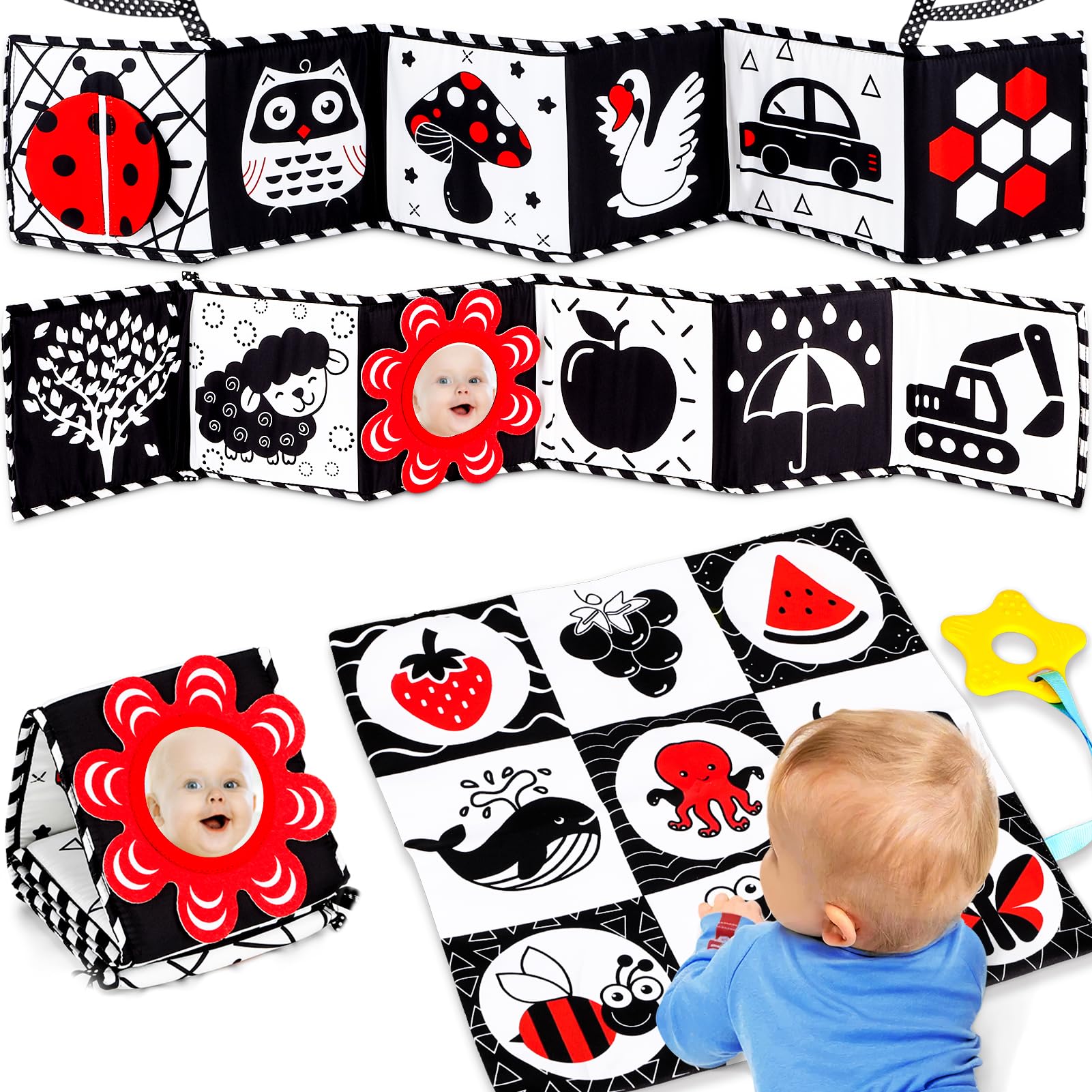 High Contrast Black & White Baby Toys 0-6 Months - Montessori Sensory Crinkle Toys for Newborns & Infants | Tummy Time, Car Seat & Stroller Toys | Soft Cloth Books for Baby Boys & Girls | Perfect Newborn Gift & Early Learning Development