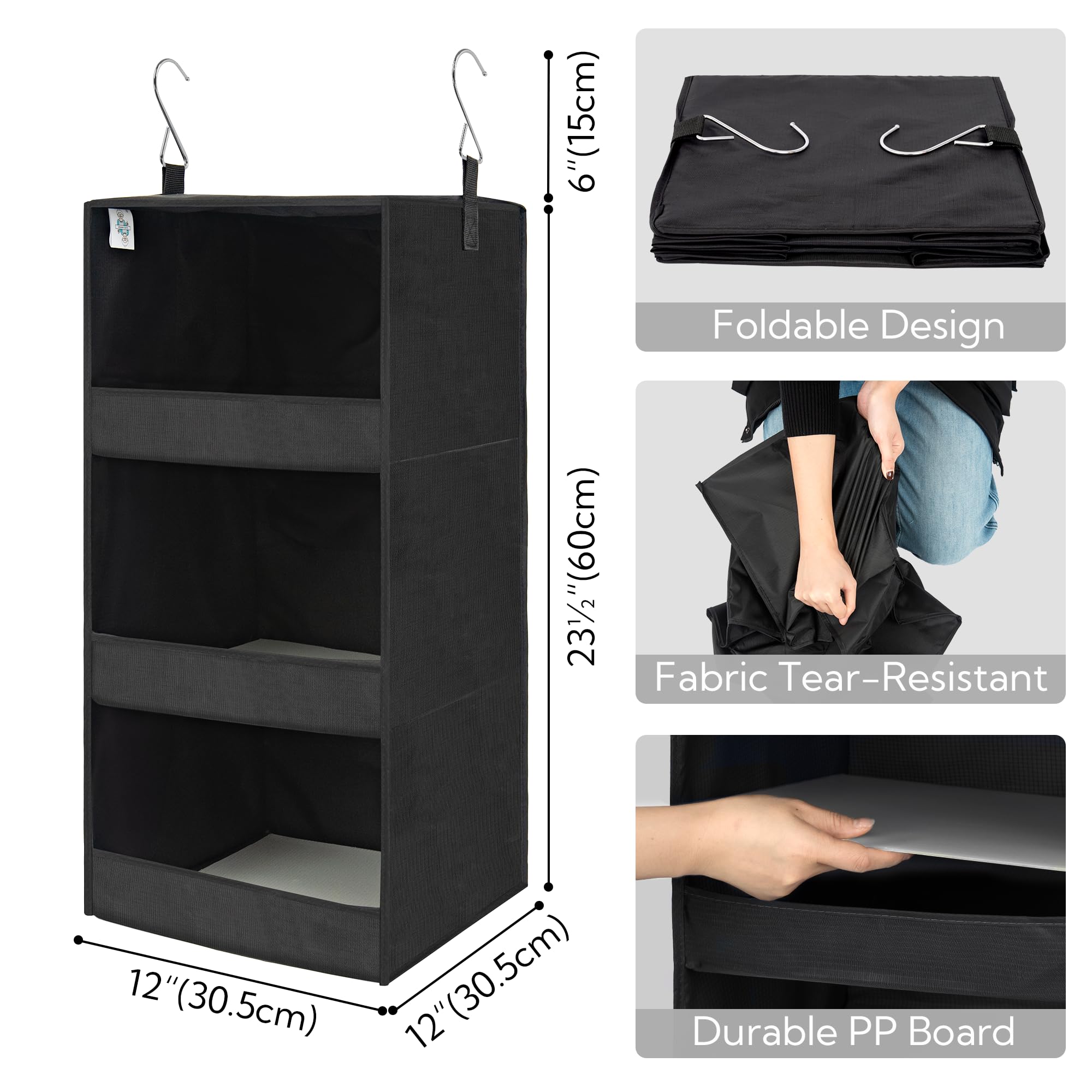 3-Tier Hanging Closet Organizer - Foldable Storage Shelves for Nursery, Bedroom & Closet - Space Saving Black Hanging Shelves (29.5