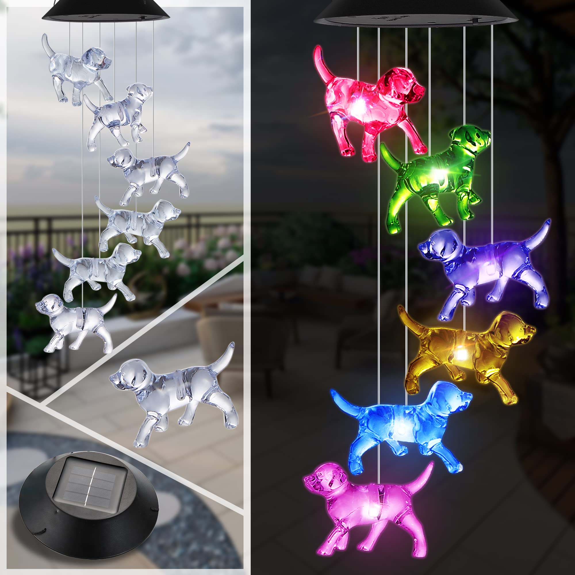 Dog Wind Chimes - Ousenone Solar Powered Color Changing Outdoor Decor, Unique Birthday Gifts for Women, Gardening Gifts for Mom & Grandmother, Perfect for Patio, Garden, and Porch