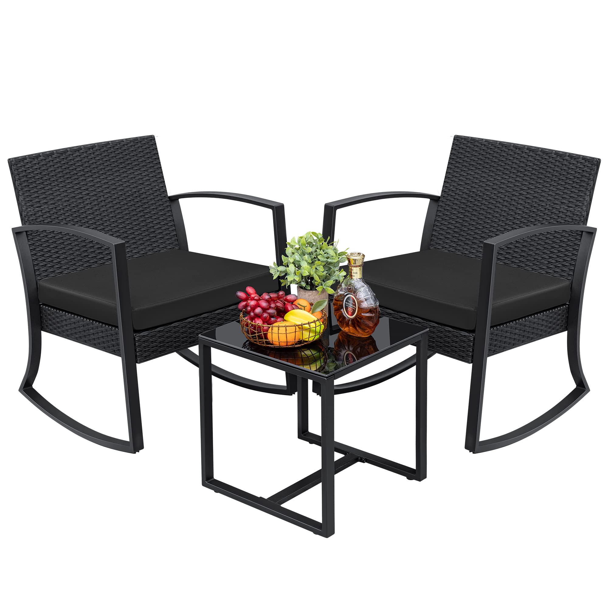 Greesum 3-Piece Outdoor Patio Furniture Set - Dark Black Bistro Rocking Chairs with Glass Coffee Table for Poolside, Beach, Backyard, Balcony, Porch & Garden Decor | Perfect for Relaxing, Entertaining & Outdoor Dining