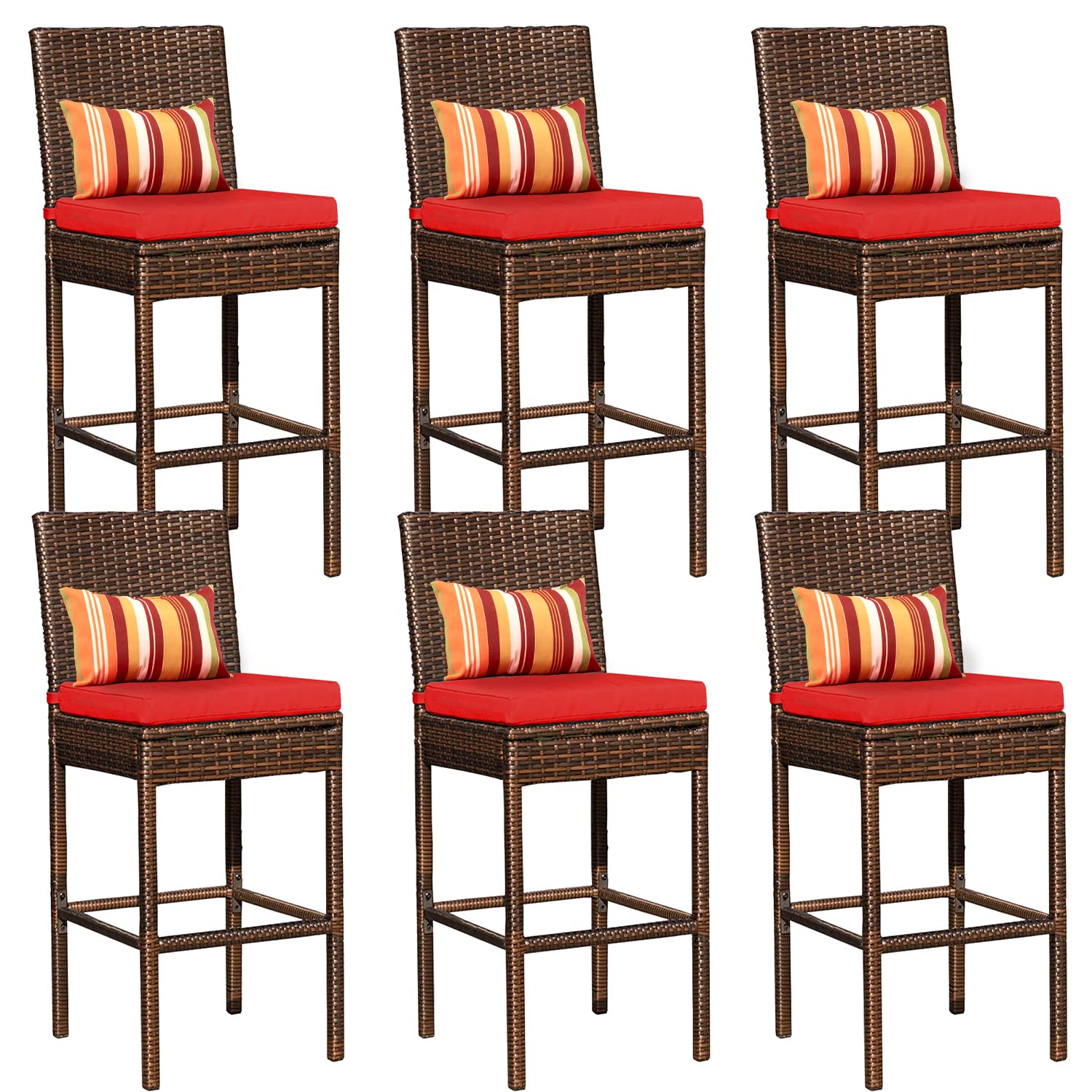 **Sundale Outdoor Patio Bar Stools Set of 6 - All-Weather Wicker Chairs with Pillow & Red Cushion, Steel Frame, Brown - Perfect for Backyard, Poolside, or Garden Seating**