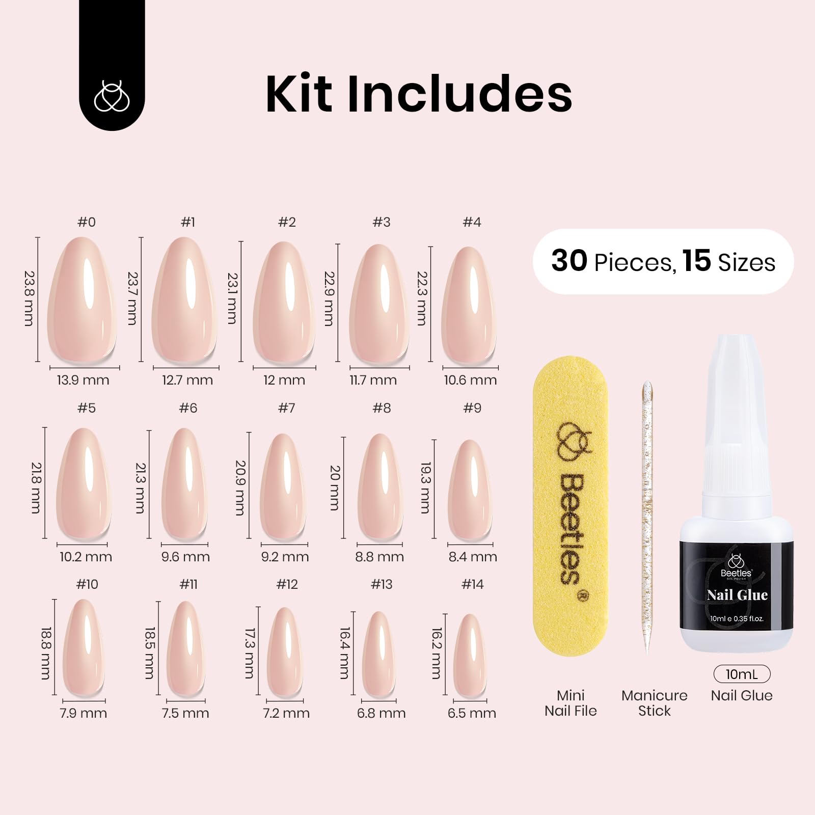 Beetles 30Pcs Medium Almond Press On Nails - 15 Sizes Fake Nails with Quick Dry Strong Glue & Mini Manicure File - Perfect for Summer, Women & Girls - Great for Parties, Weddings, and Everyday Wear