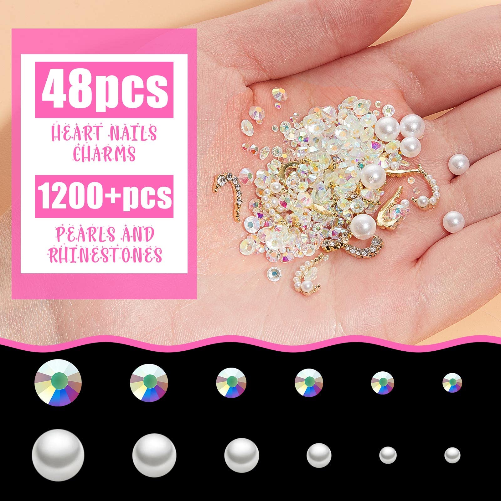 48 Pcs Heart Nail Charms - Flatback Rhinestone Pearls & Crystal AB Gems for DIY Nail Art (3 Styles, Mixed Sizes) - Perfect for Manicures, Nail Decoration, and Gift Giving for Women & Girls