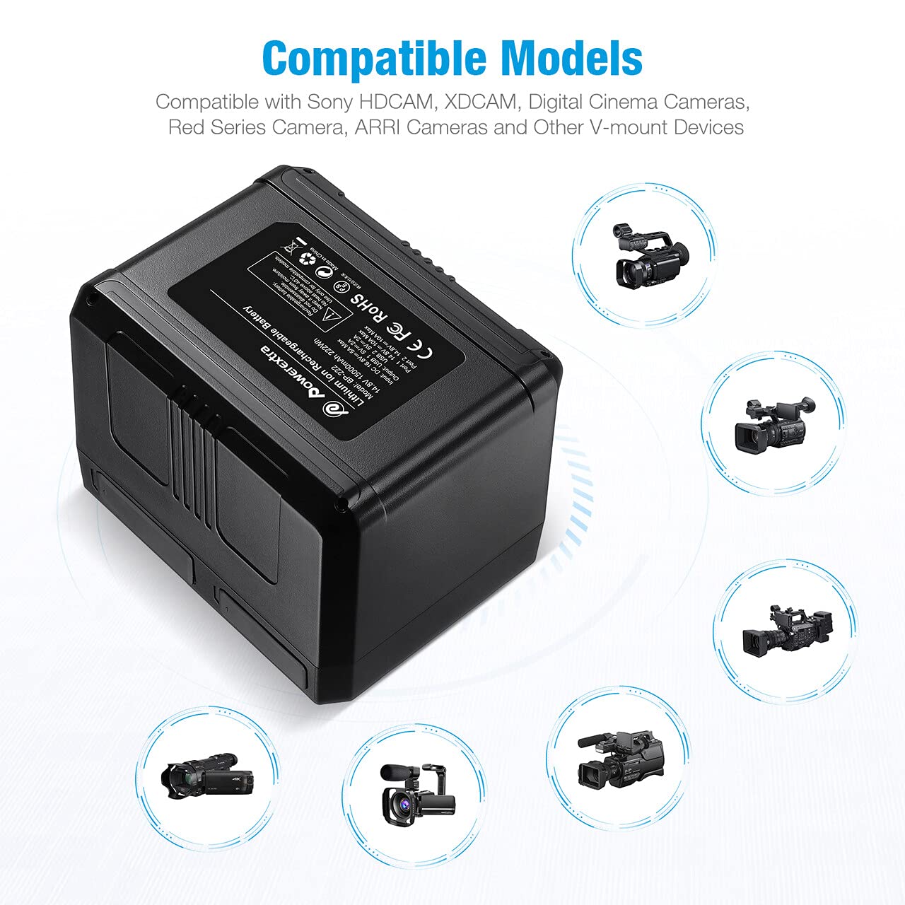 Powerextra V Mount/V Lock Battery - 222Wh 14.8V 15000mAh Rechargeable Li-ion Battery for Sony HDCAM, XDCAM, Digital Cinema Cameras - Professional Broadcast Video Camcorder Power Solution for Filmmaking & Live Streaming