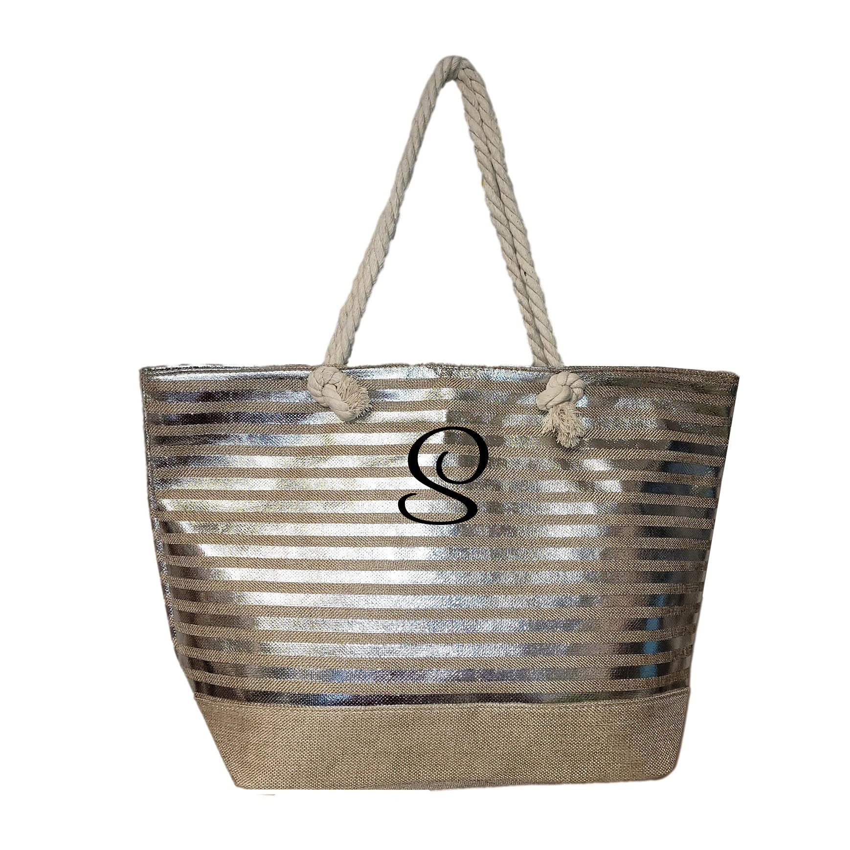 Stylish Large Women's Metallic Print Tote Beach Bag with Secure Zipper Top - Customizable with Initials, Monogram or Name | Perfect for Vacation, Shopping & Everyday Use