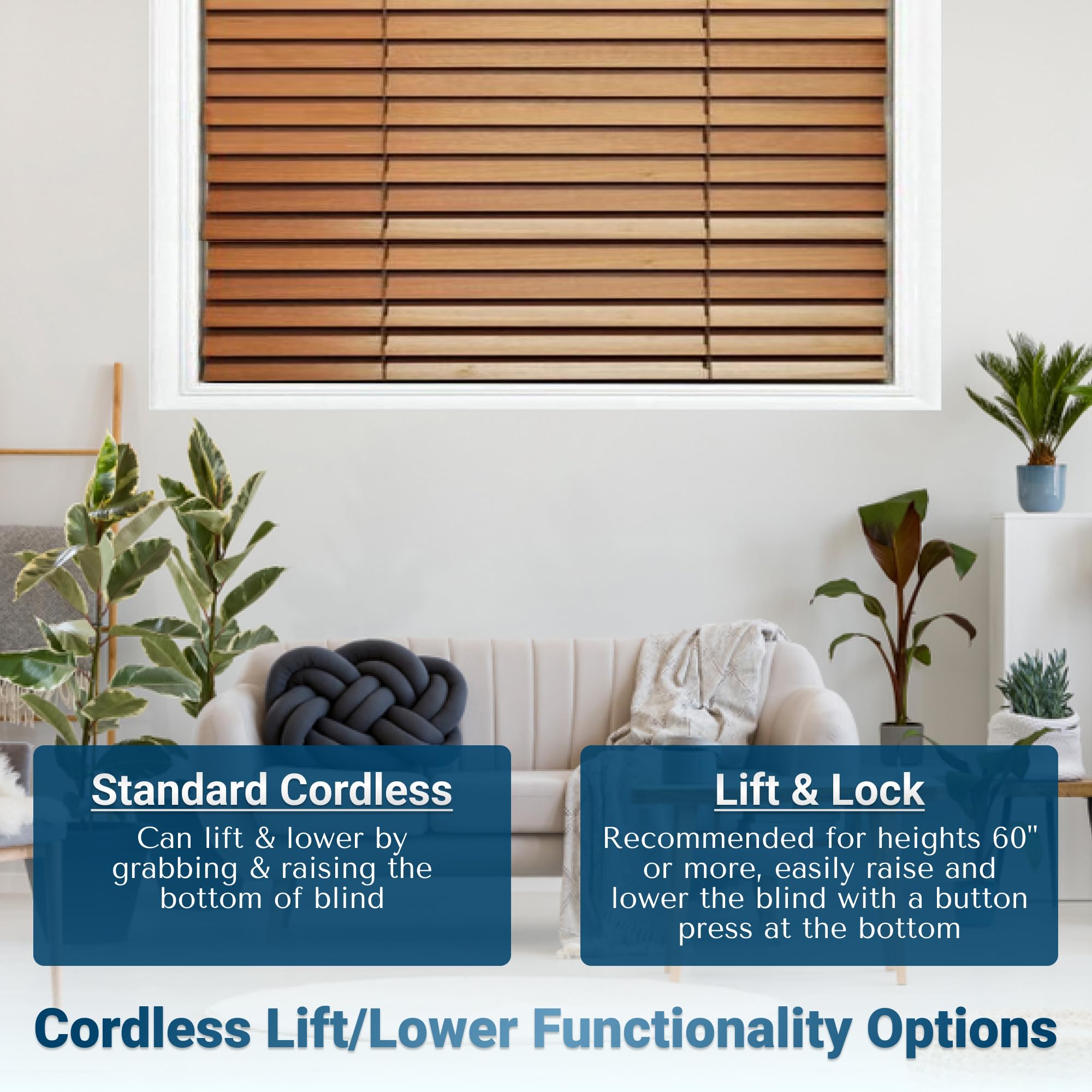 Customizable Wood Horizontal Cordless Window Blinds - 2 Inch Slats - Golden Oak Finish - Inside or Outside Mount - Perfect for Living Room, Bedroom & Home Office