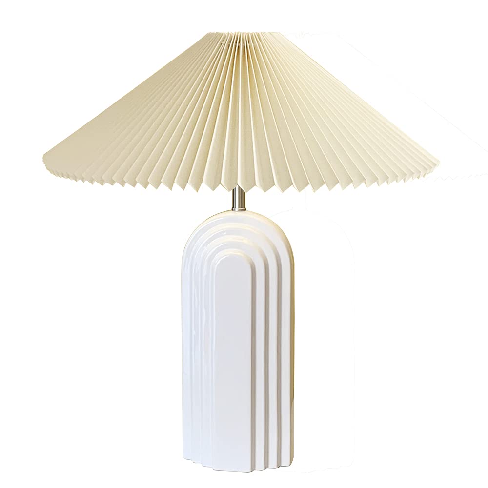 Modern Ceramic Table Lamp with TC Fabric Lampshade - Retro Style Bedside Lamp for Living Room, Bedroom & Study - White (Perfect for Reading, Decor & Ambient Lighting)