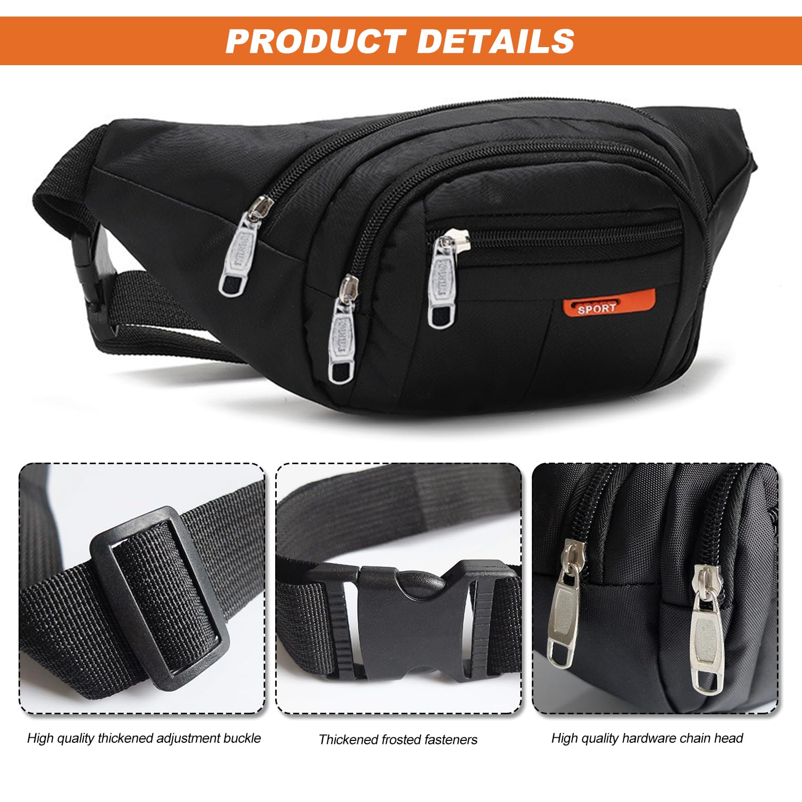 Men's Black Fanny Pack Waist Bag - Crossbody Bum Bag with 4 Zipper Pockets, Durable Oxford Cloth for Outdoor Activities, Cycling, Running & Travel