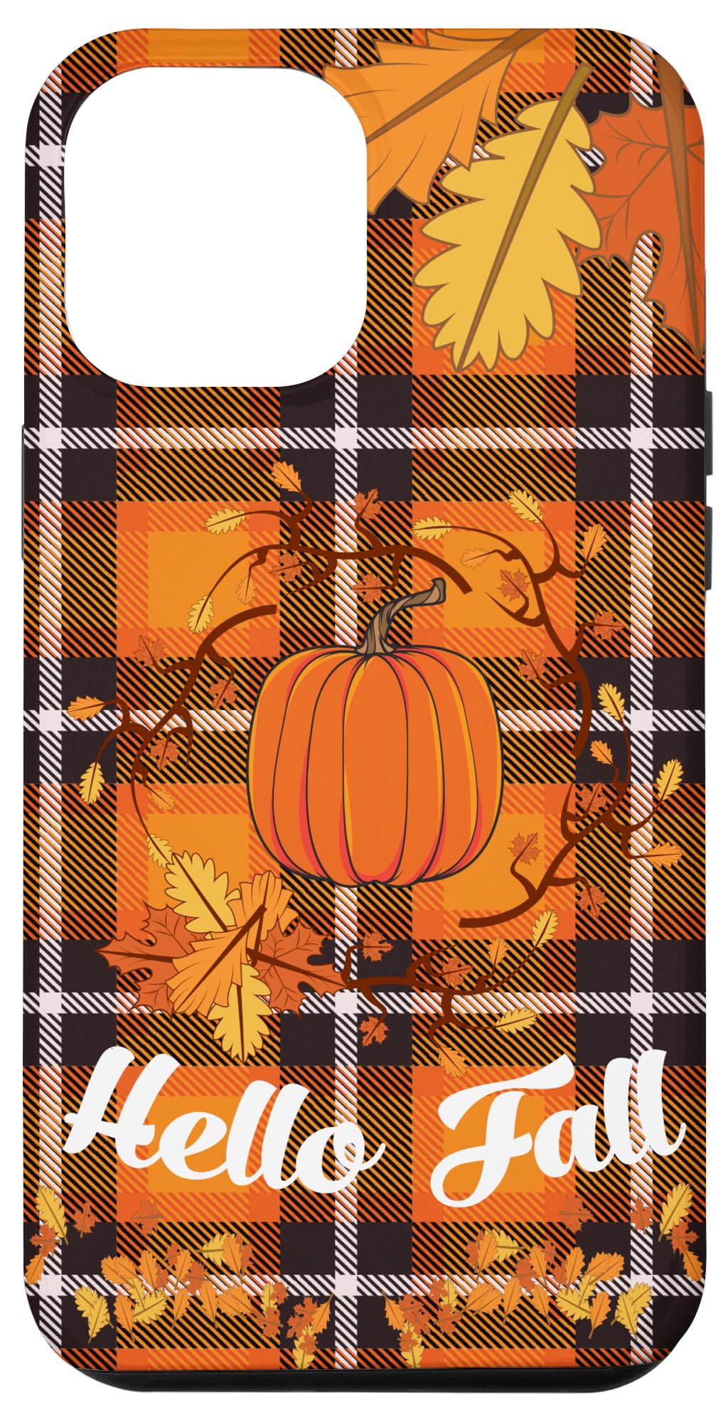 iPhone 12 Pro Max Case - Halloween Pumpkin & Fall Leaves Design, Black & Orange Plaid Pattern - Durable Protective Cover for Autumn Season & Holiday Parties
