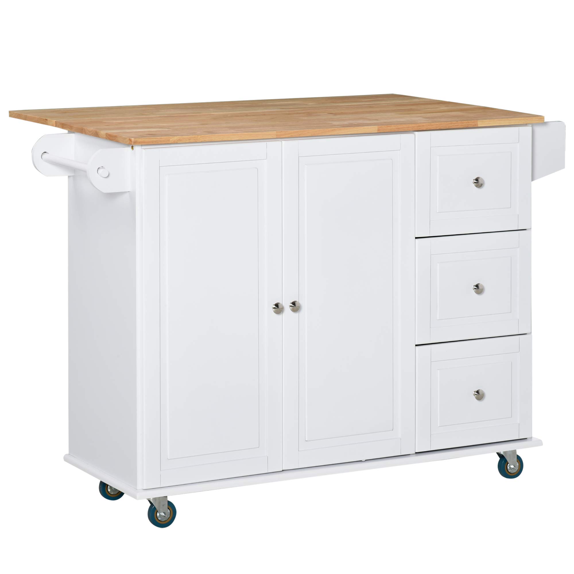 HOMCOM White Mobile Kitchen Island Cart with Drop-Leaf Top, Towel & Spice Rack, 3 Drawers & 2-Door Cabinet - Rolling Storage Trolley for Small Spaces, Apartments & Compact Kitchens