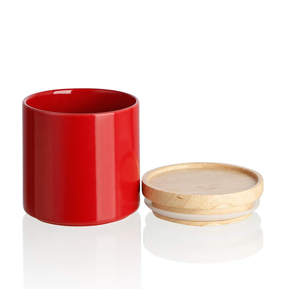 Sweejar 16oz Ceramic Food Storage Canisters with Airtight Wooden Lid - Stackable Kitchen Containers for Coffee, Tea, Sugar, Salt, Flour & Spices | Perfect for Pantry Organization & Countertop Display (Red)