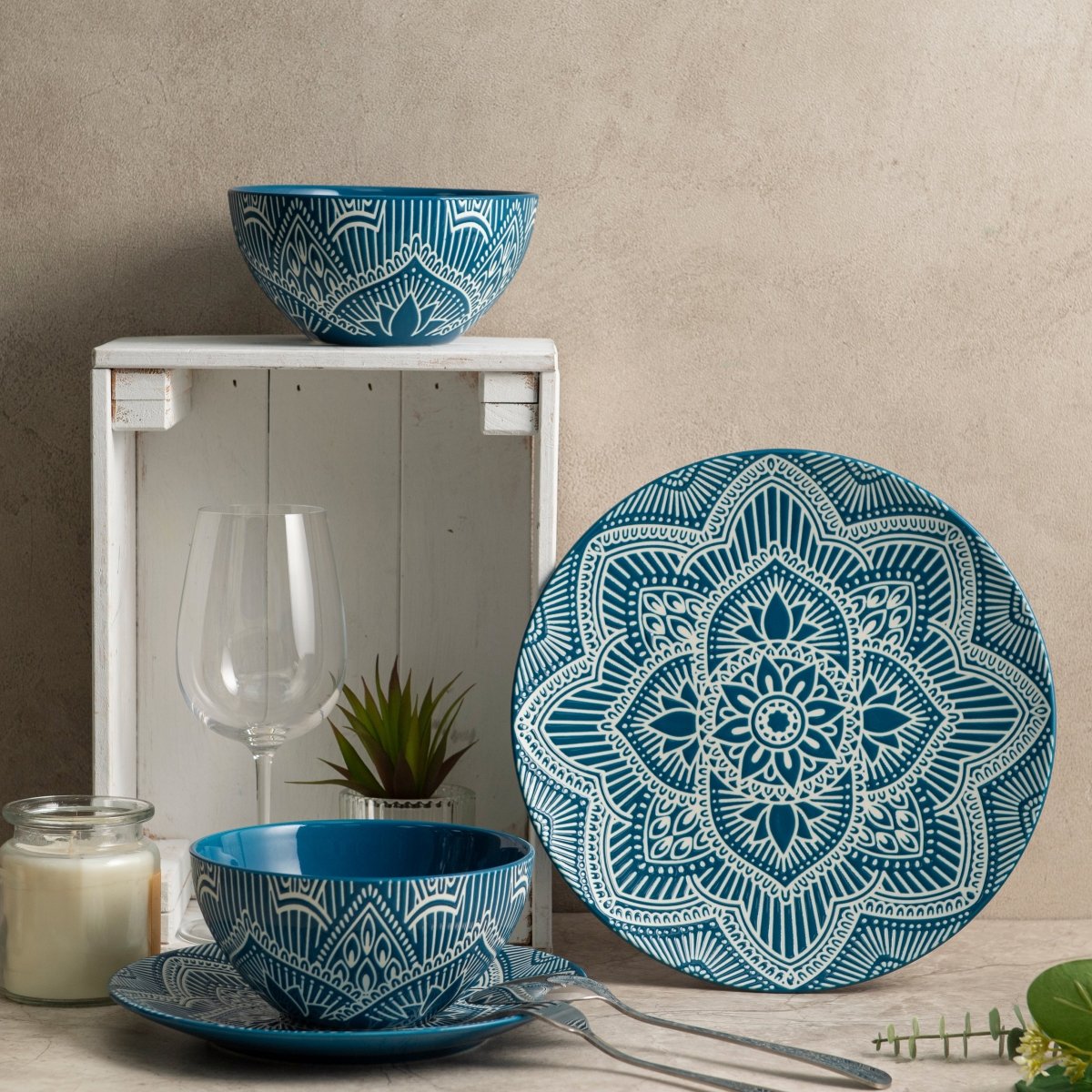 12-Piece Ceramic Dinnerware Set - Plates & Bowls with La La Mandala Blue Design for Everyday Dining, Parties & Home Decor