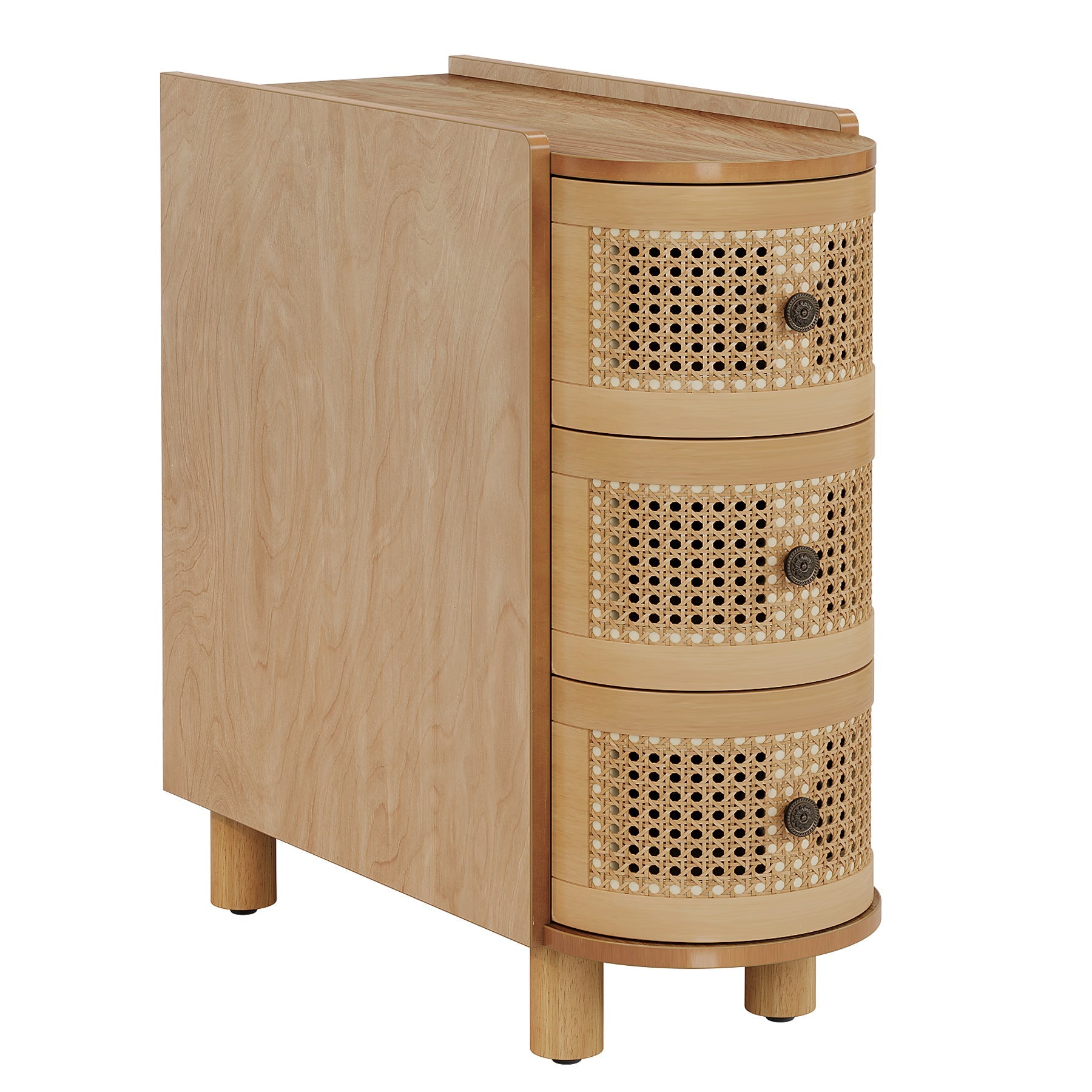Modern Wooden End Table with 3 Rattan Drawers - Nightstand, Side Table for Bedroom, Living Room | Perfect for Small Spaces, Apartment Decor & Storage Solutions