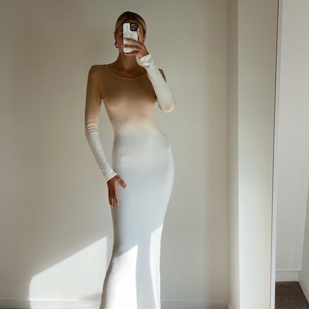 FAITH Women's Ivory & Camel Long Sleeve Knit Maxi Dress - Elegant Boho Style for Parties, Weddings & Special Occasions