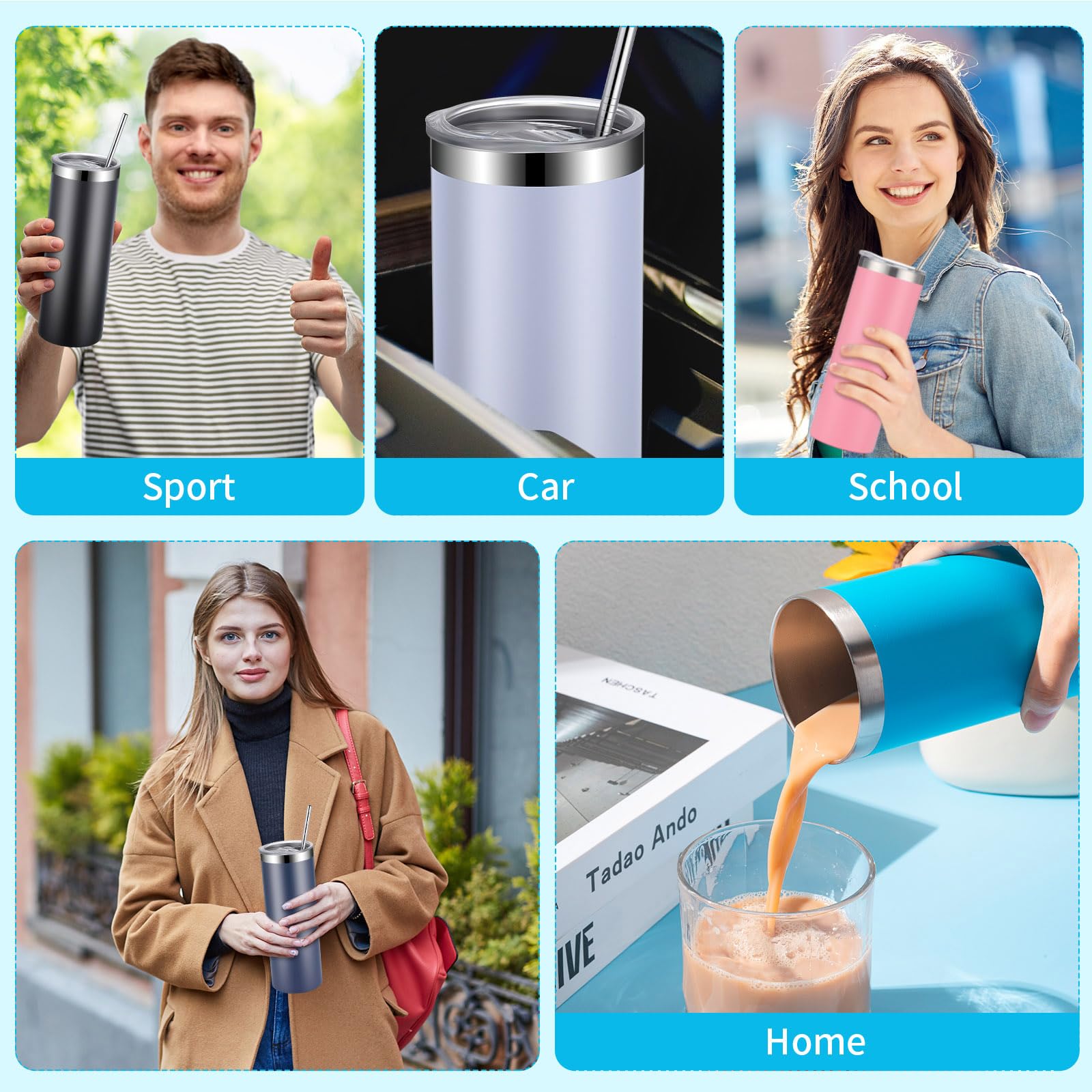 20 oz Skinny Tumbler Bulk Pack - 24 Pcs Stainless Steel Insulated Cups with Lids & Straws, Double Wall Vacuum Travel Mug for Coffee, Iced Tea & DIY Crafts (Mixed Colors) - Perfect for Office, Gym, Camping & Road Trips