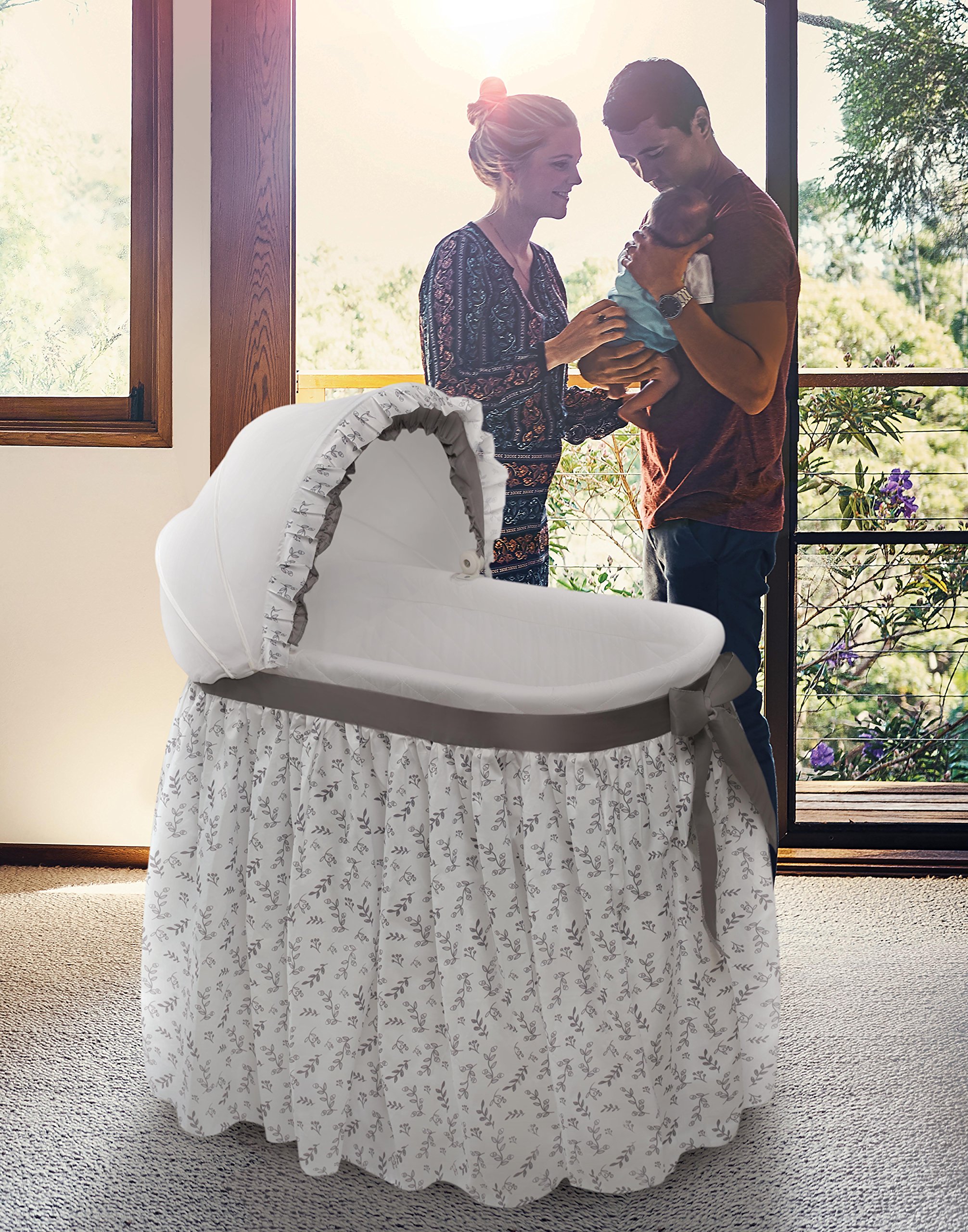 Badger Basket Wishes Rocking Baby Bassinet - Heirloom Quality Bedside Sleeper with Soft Bedding, Comfortable Pad & Storage Basket - Gray/Leaf Design - Perfect for Nursery, Bedroom & Travel Use