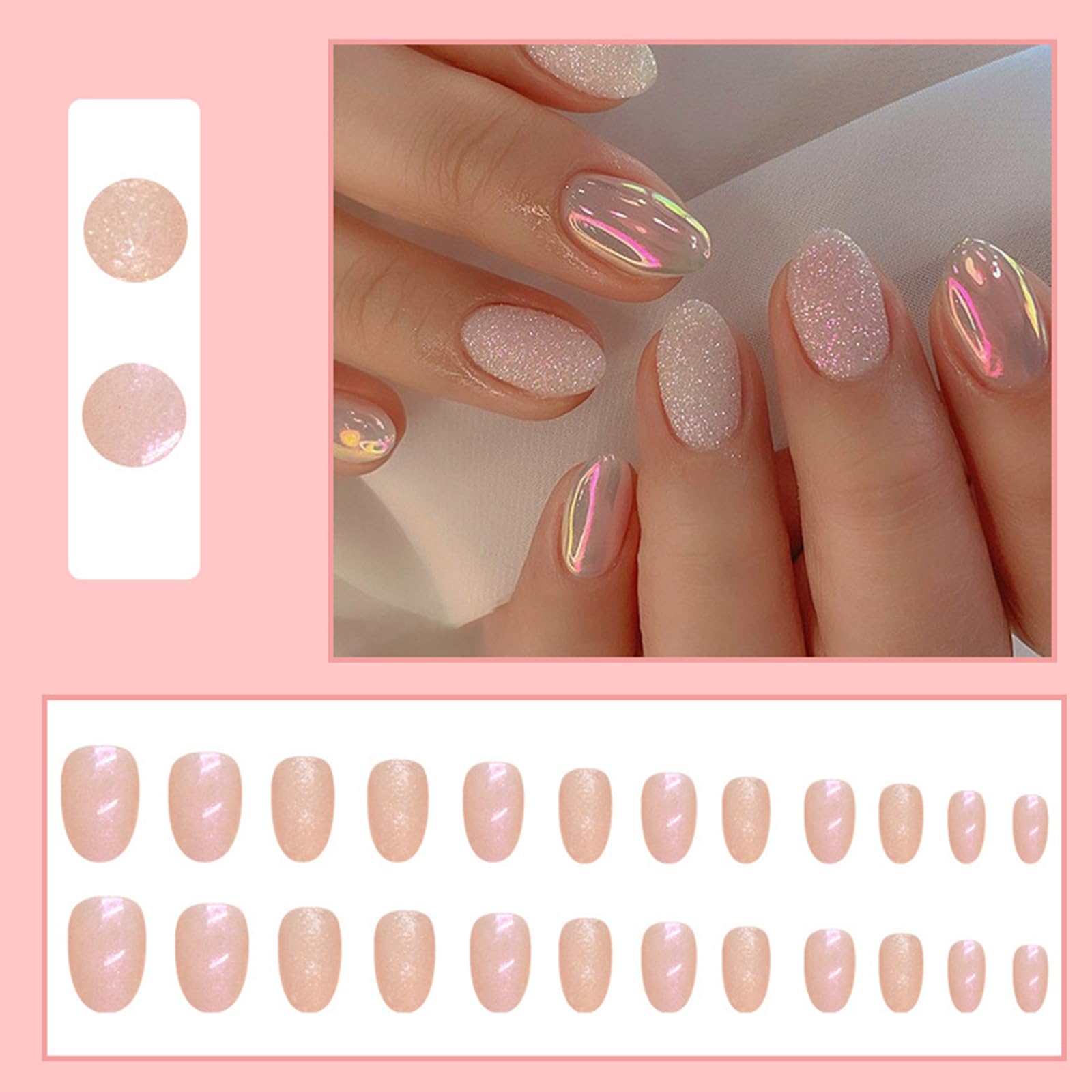 24Pcs Short Almond Press on Nails - French Tip Glossy Aurora Glitter Fake Nails with Glue Stickers, Reusable Acrylic Full Cover Oval Stick on Nails for Women & Girls | Perfect for Parties, Weddings, Date Nights & Everyday Wear